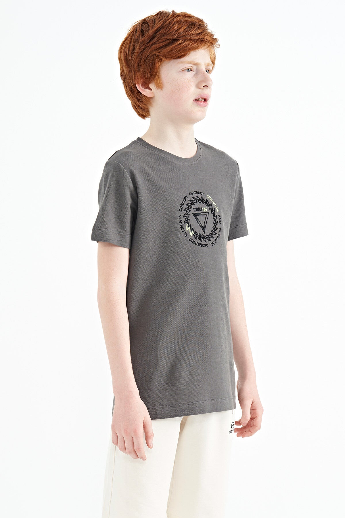 Dark Grey Embroidered Detailed O Collar Standard Fit Boys' T-Shirt - 11115