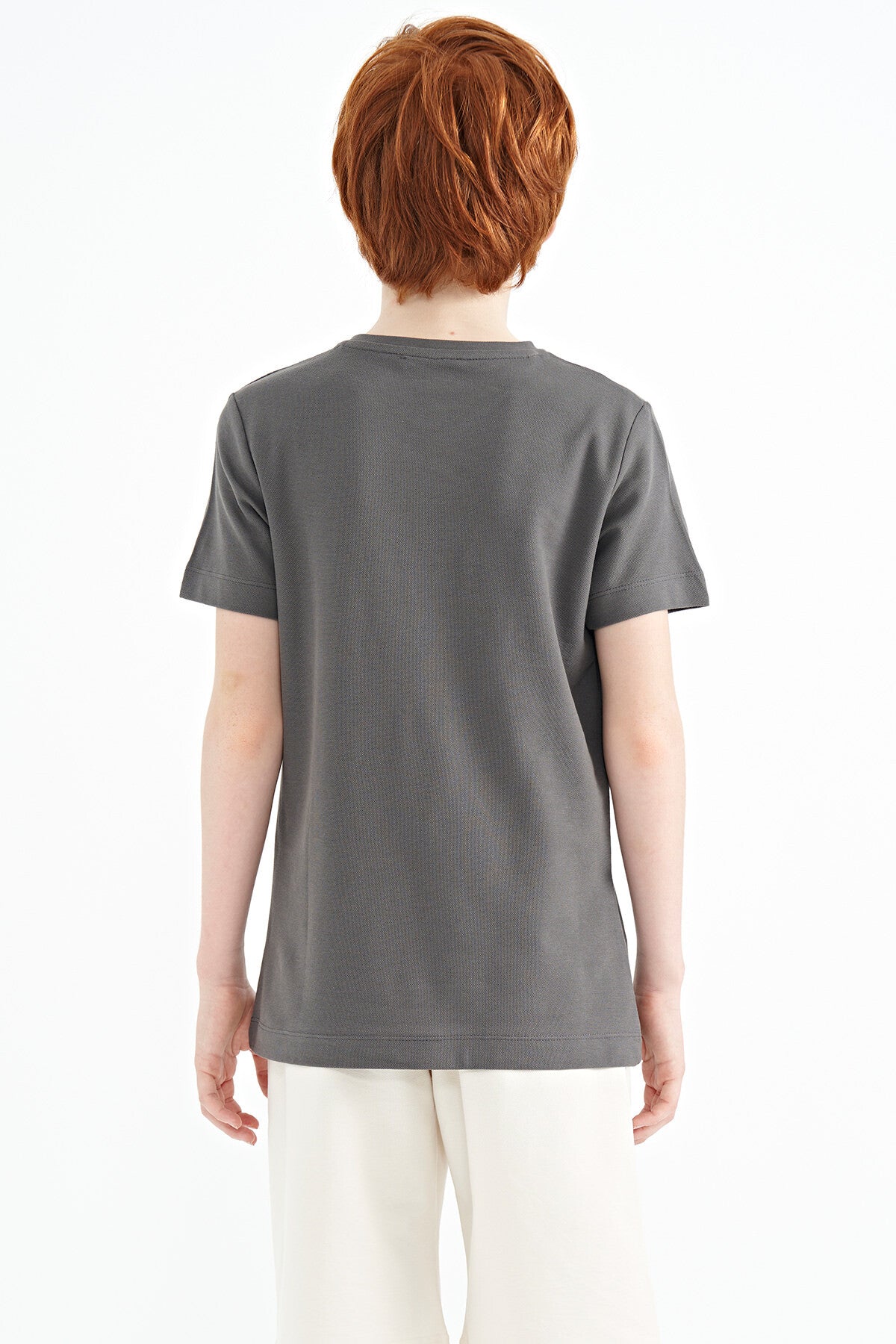 Dark Grey Embroidered Detailed O Collar Standard Fit Boys' T-Shirt - 11115