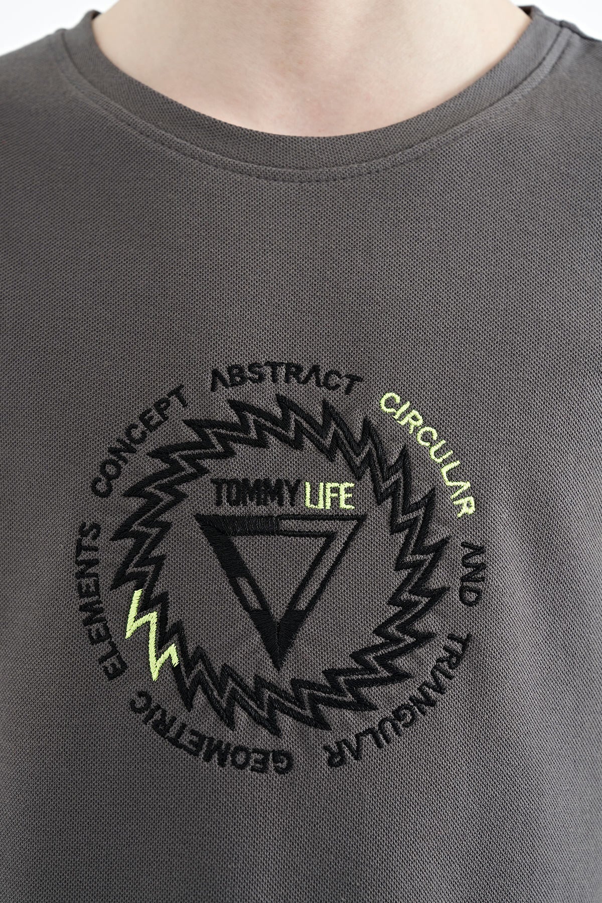Dark Grey Embroidered Detailed O Collar Standard Fit Boys' T-Shirt - 11115