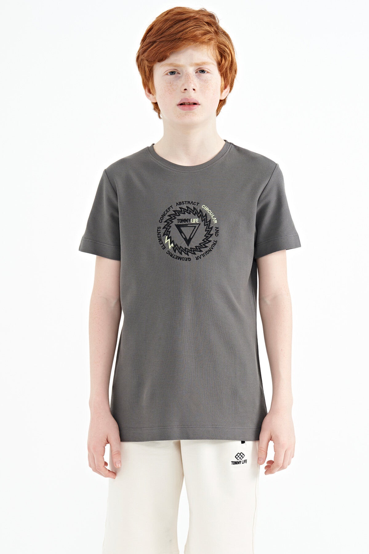 Dark Grey Embroidered Detailed O Collar Standard Fit Boys' T-Shirt - 11115