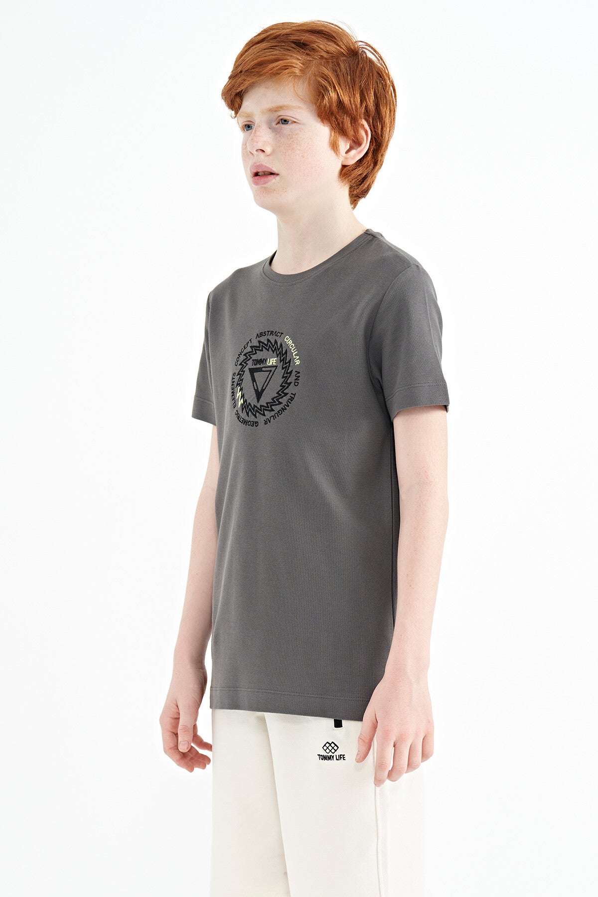 Dark Grey Embroidered Detailed O Collar Standard Fit Boys' T-Shirt - 11115
