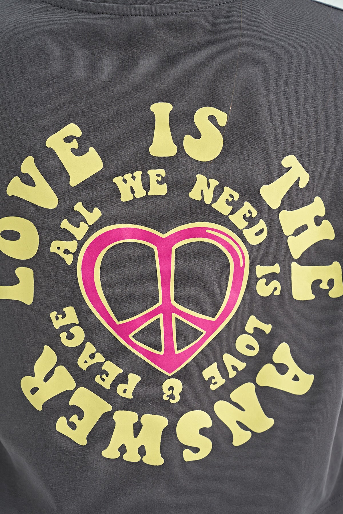 Dark Gray Front Back Print O Collar Low Shoulder Oversize Short Sleeve Girl's T-Shirt - 75126