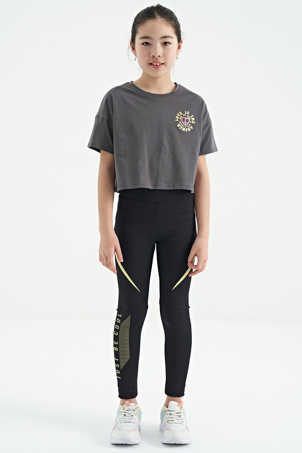 Dark Gray Front Back Print O Collar Low Shoulder Oversize Short Sleeve Girl's T-Shirt - 75126