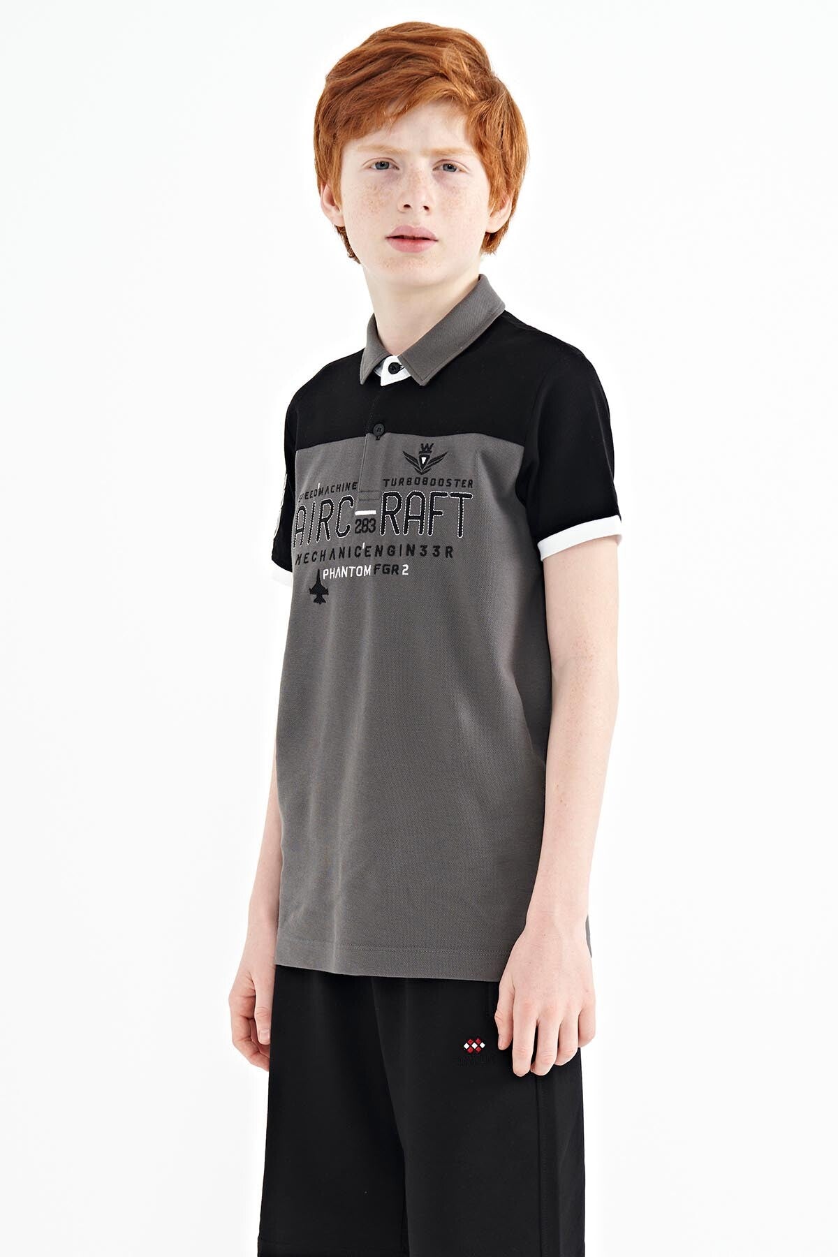 Dark Gray Color Block Letter Embroidery Standard Fit Polo Collar Boys T-Shirt - 11087