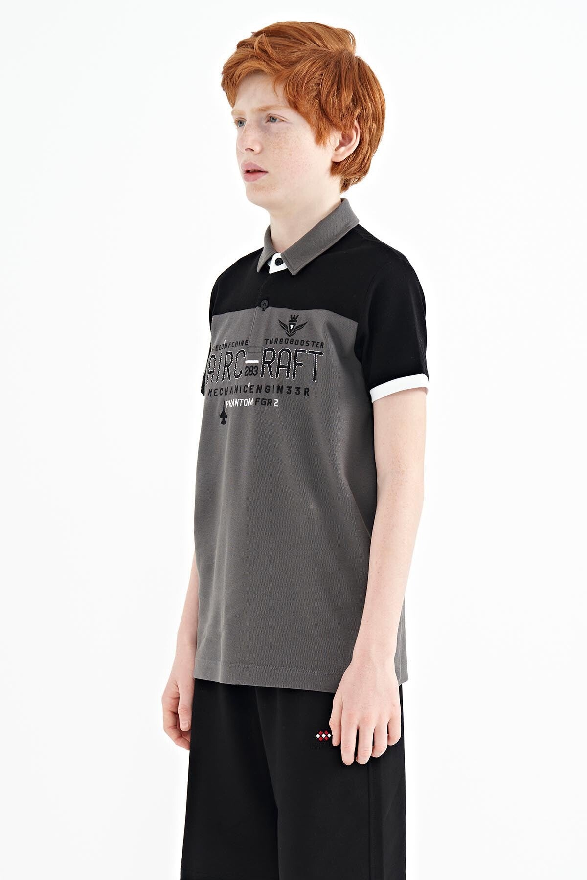 Dark Gray Color Block Letter Embroidery Standard Fit Polo Collar Boys T-Shirt - 11087