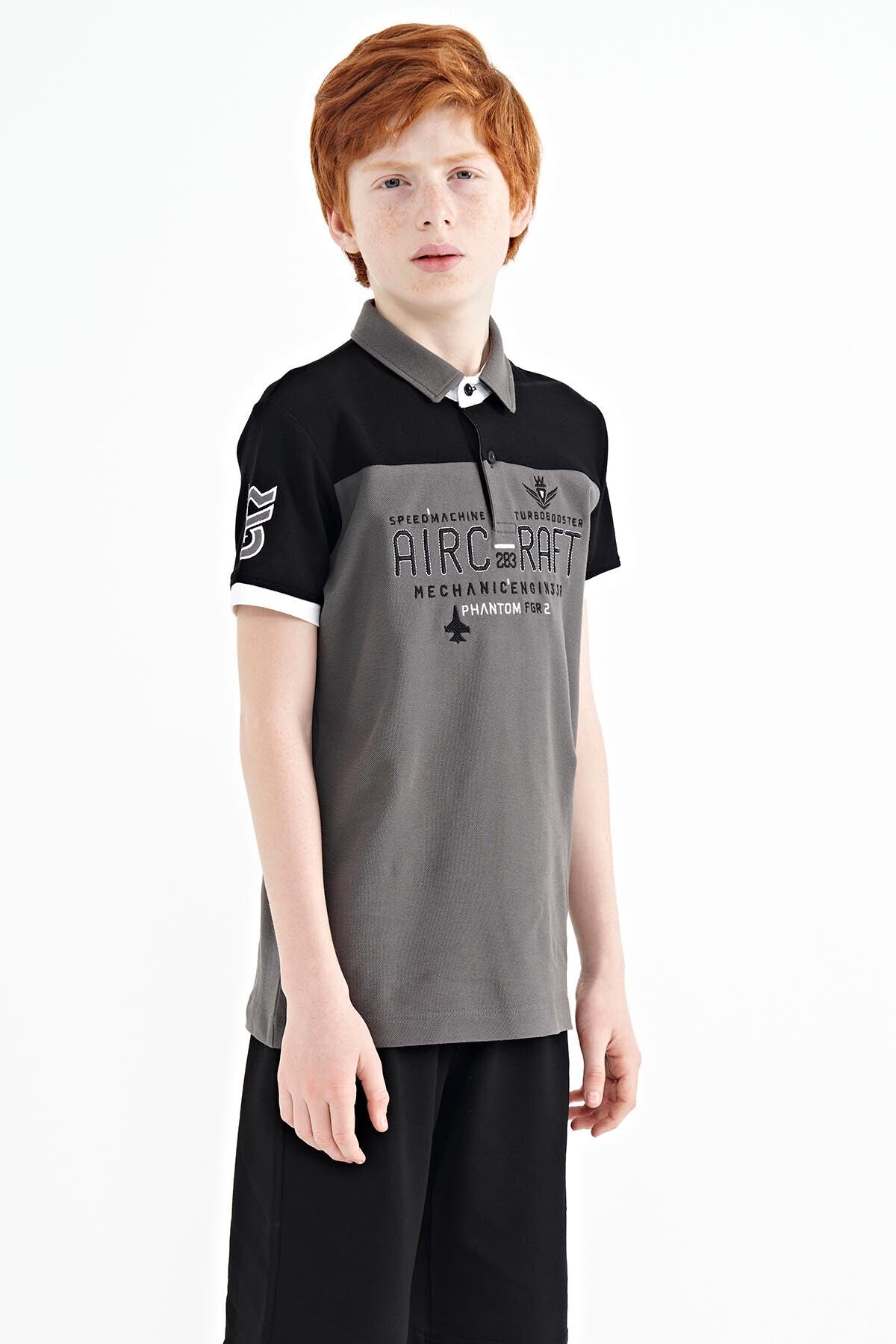 Dark Gray Color Block Letter Embroidery Standard Fit Polo Collar Boys T-Shirt - 11087