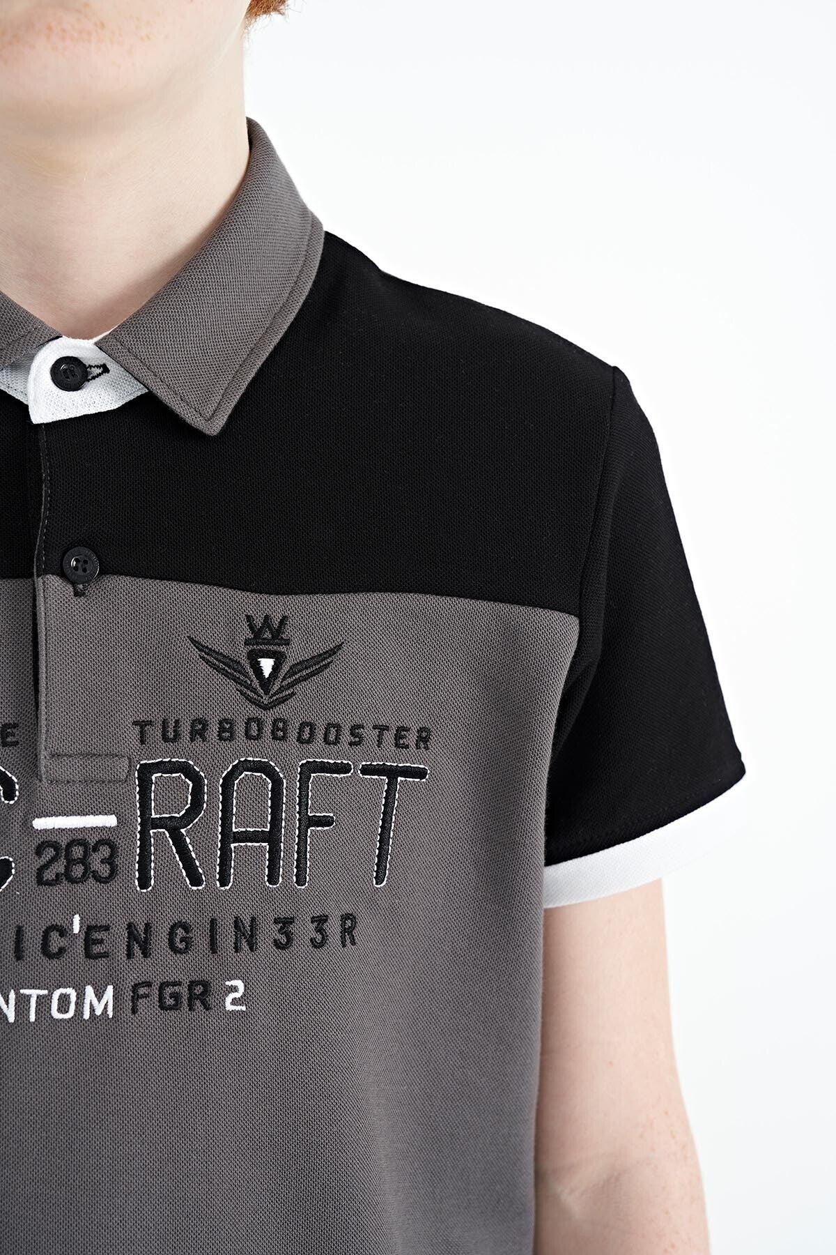 Dark Gray Color Block Letter Embroidery Standard Fit Polo Collar Boys T-Shirt - 11087