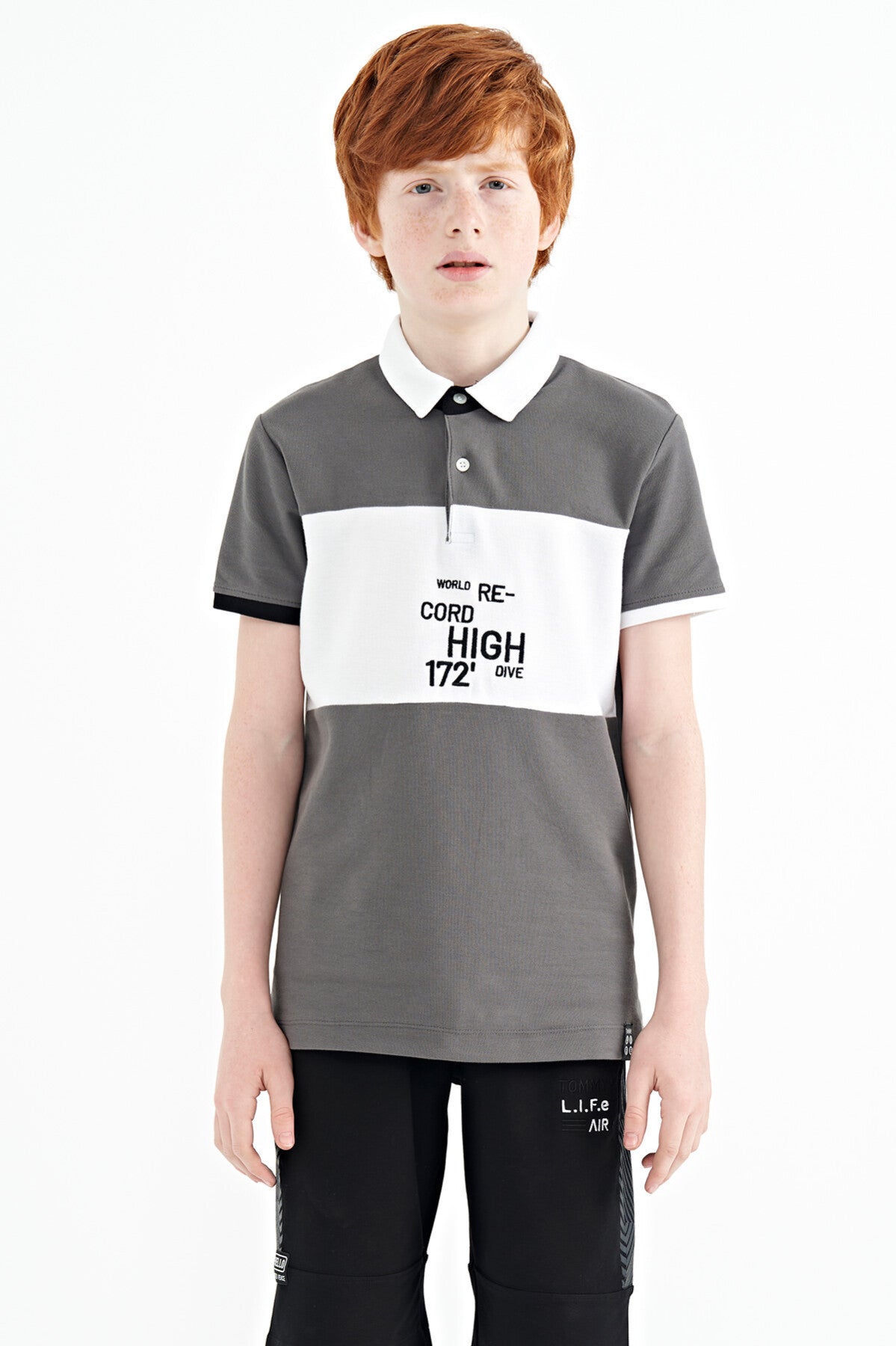 Dark Gray Gradient Embroidered Detailed Standard Fit Polo Collar Boys' T-Shirt - 11110