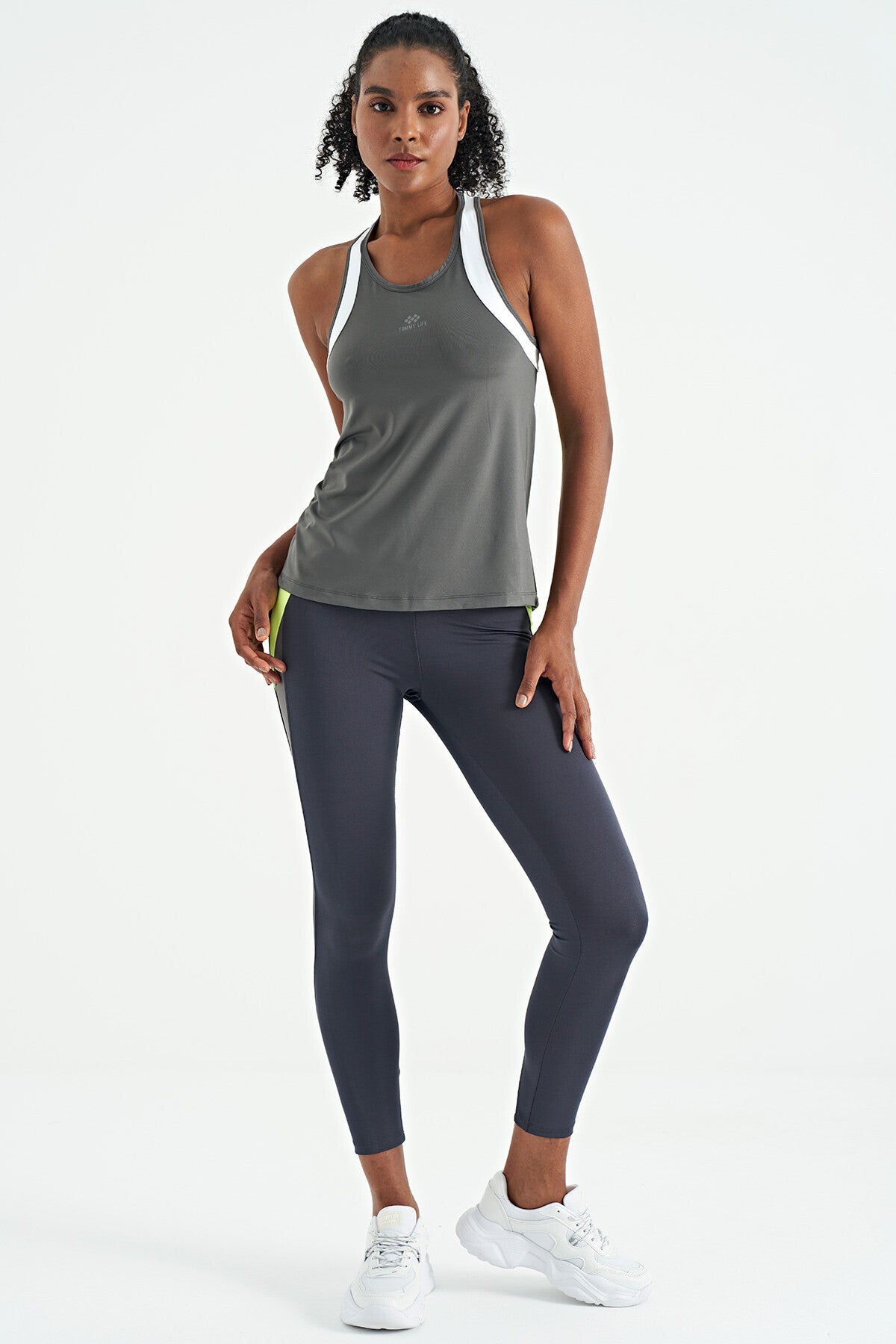 Dark Grey Back Color Detailed Logo Printed Standard Cut Women's Sports Singlet - 97257