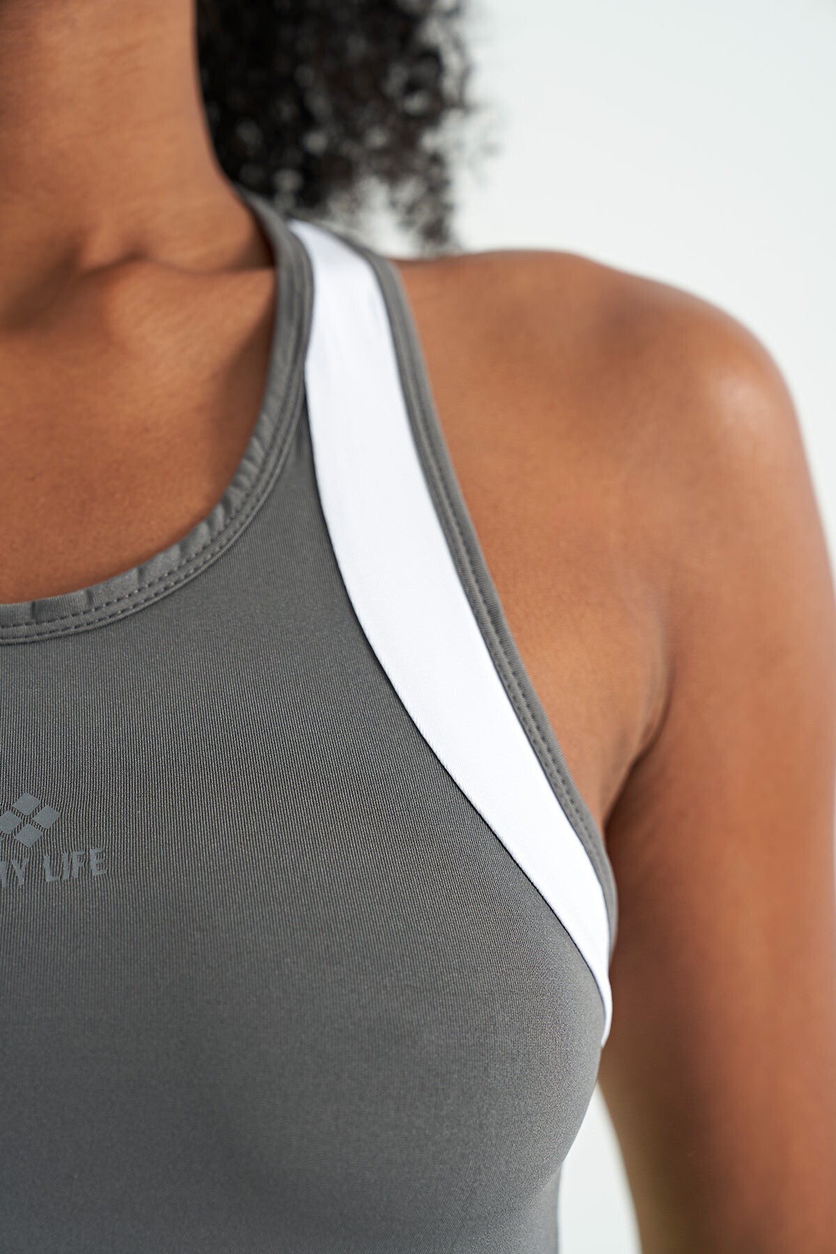 Dark Grey Back Color Detailed Logo Printed Standard Cut Women's Sports Singlet - 97257