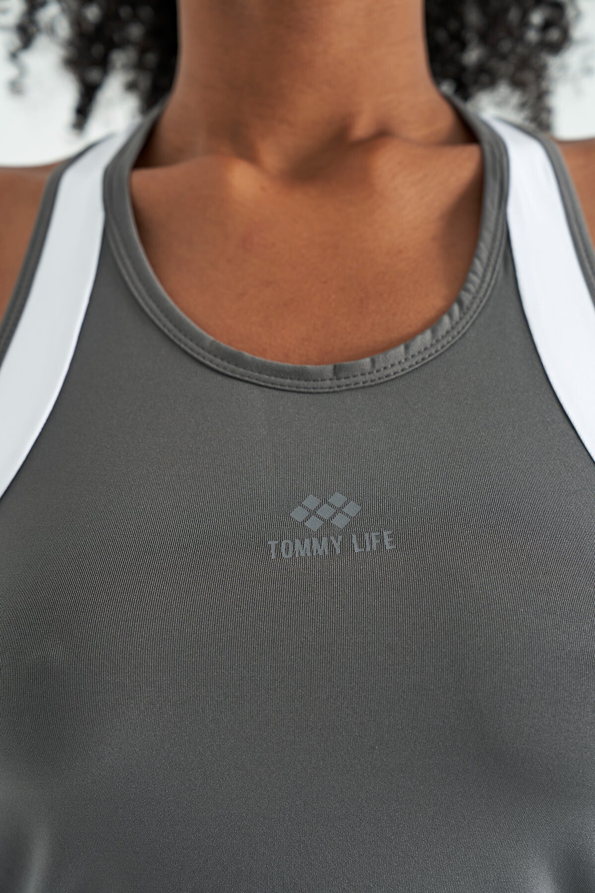 Dark Grey Back Color Detailed Logo Printed Standard Cut Women's Sports Singlet - 97257