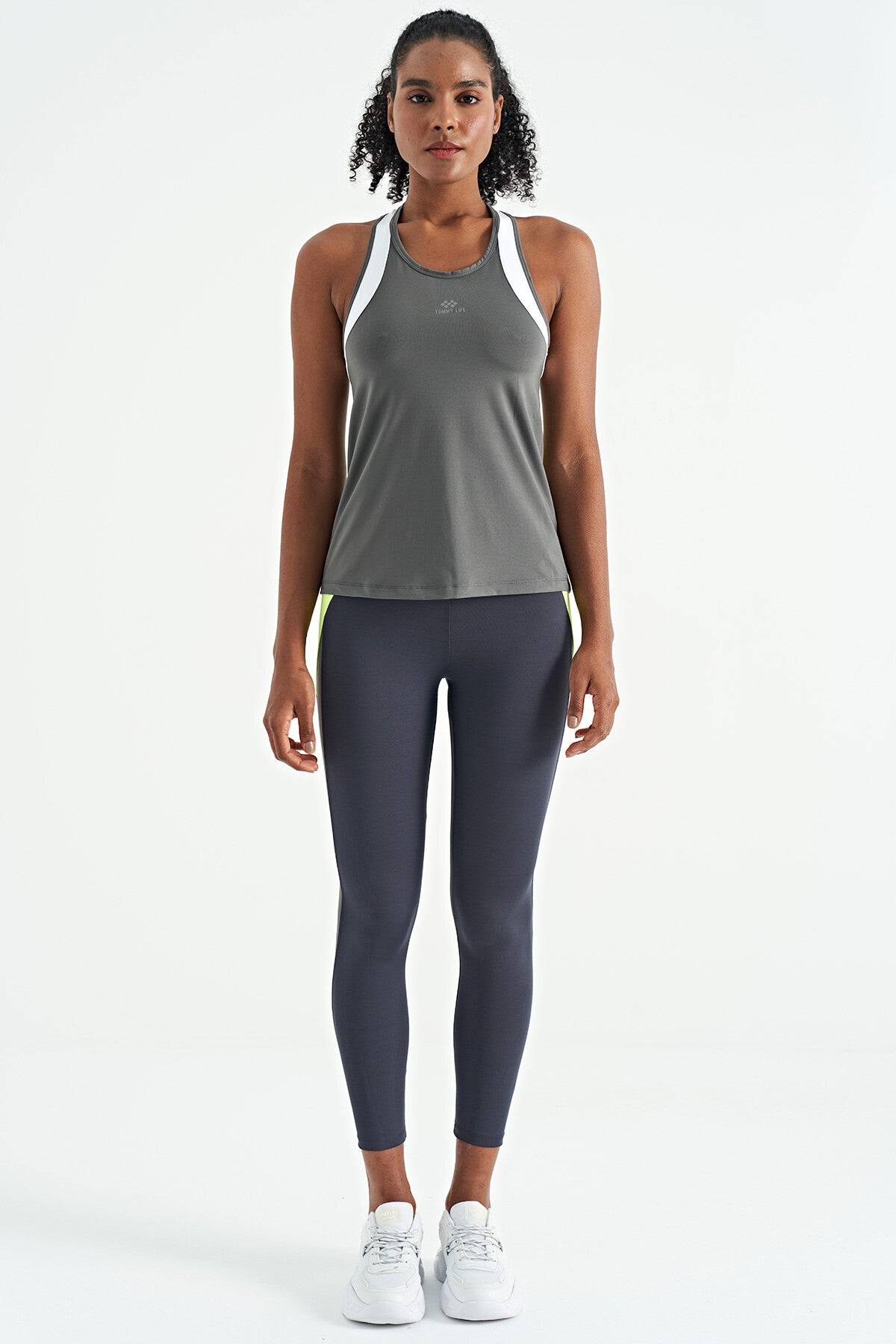 Dark Grey Back Color Detailed Logo Printed Standard Cut Women's Sports Singlet - 97257