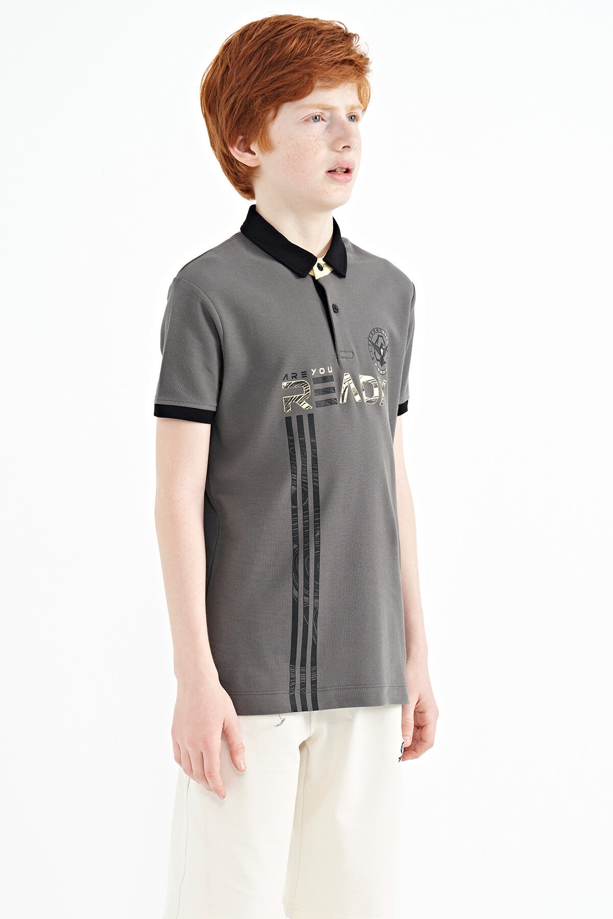 Dark Gray Print Pattern Standard Fit Polo Collar Boys' T-Shirt - 11143