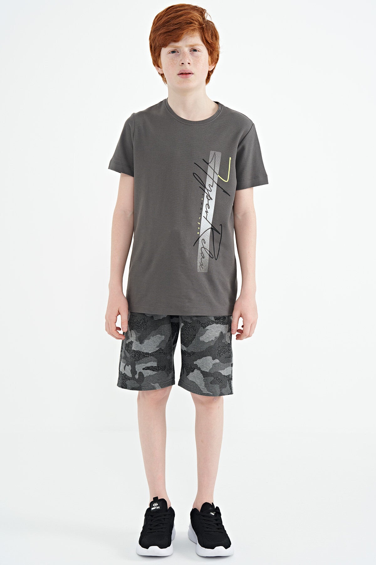 Dark Grey Print O Collar Standard Fit Boys' T-Shirt - 11119