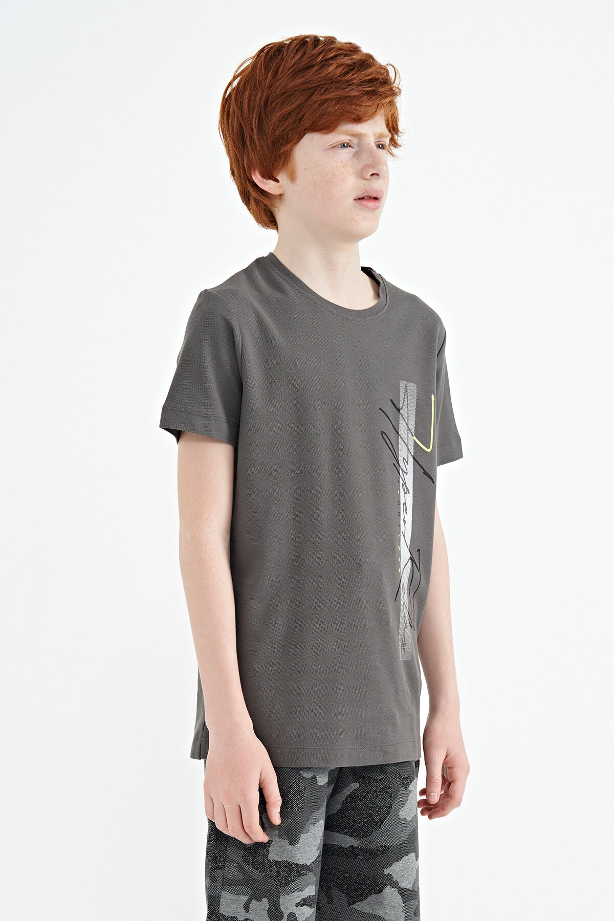 Dark Grey Print O Collar Standard Fit Boys' T-Shirt - 11119
