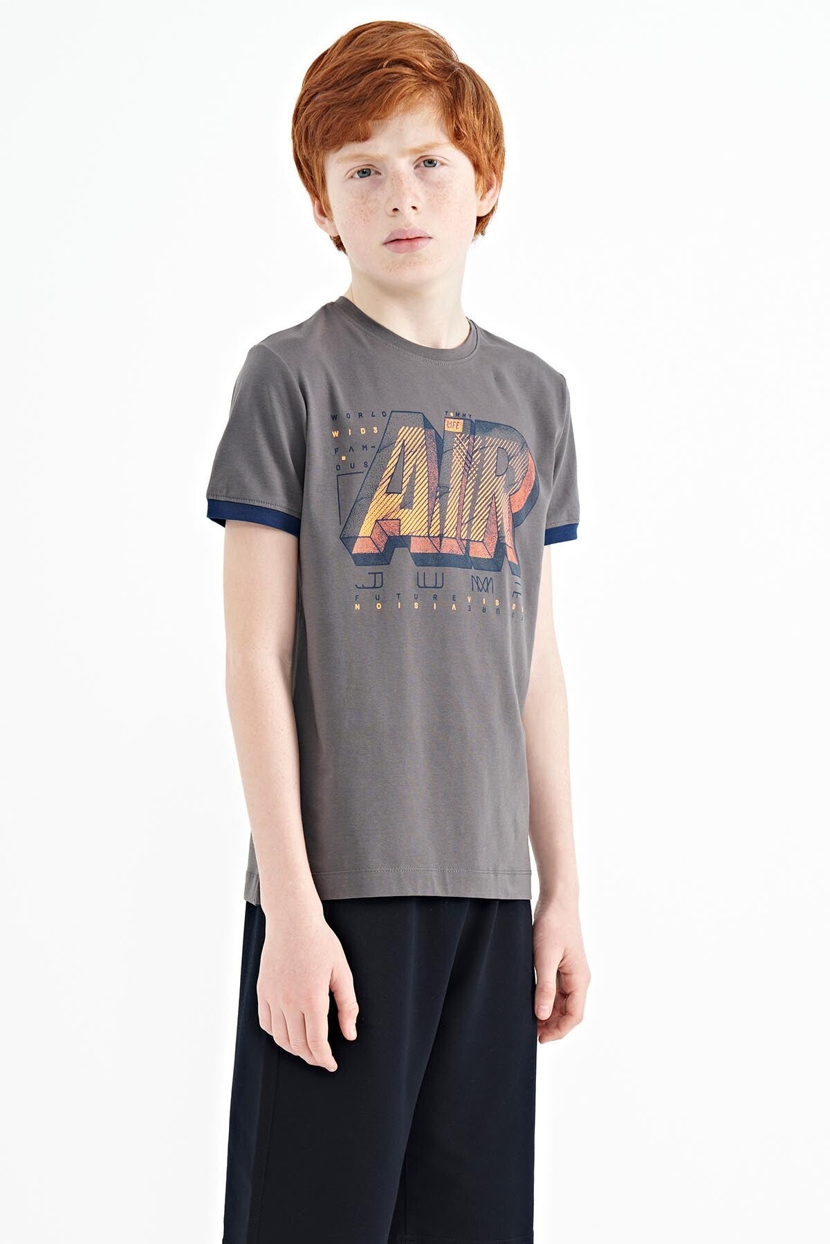 Dark Grey Print Standard Fit O Neck Boys T-Shirt - 11098