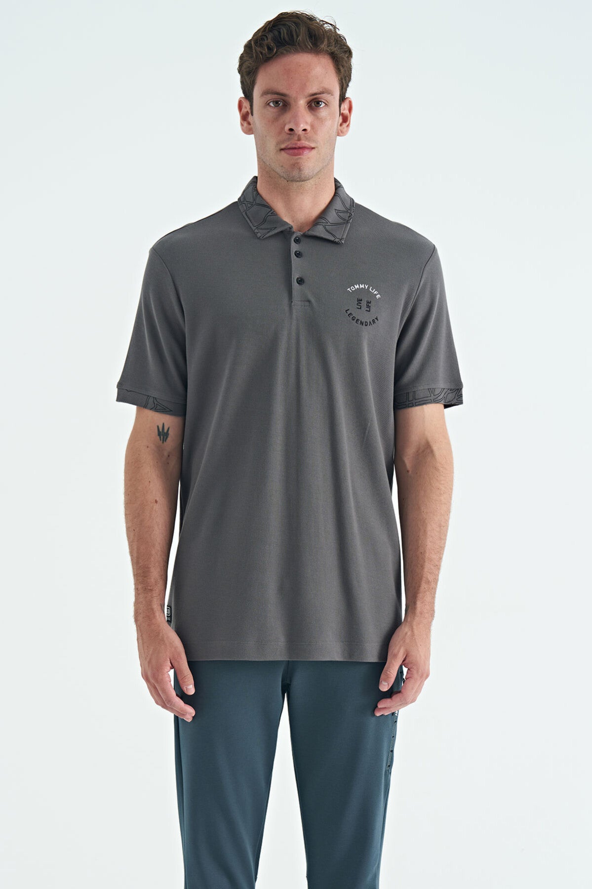 Dark Gray Embroidered Print Detailed Standard Fit Polo Collar Men's T-Shirt - 88239