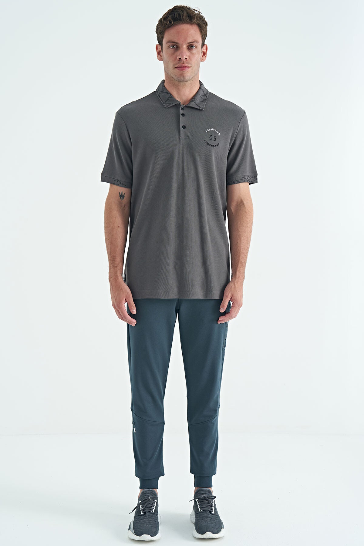Dark Gray Embroidered Print Detailed Standard Fit Polo Collar Men's T-Shirt - 88239