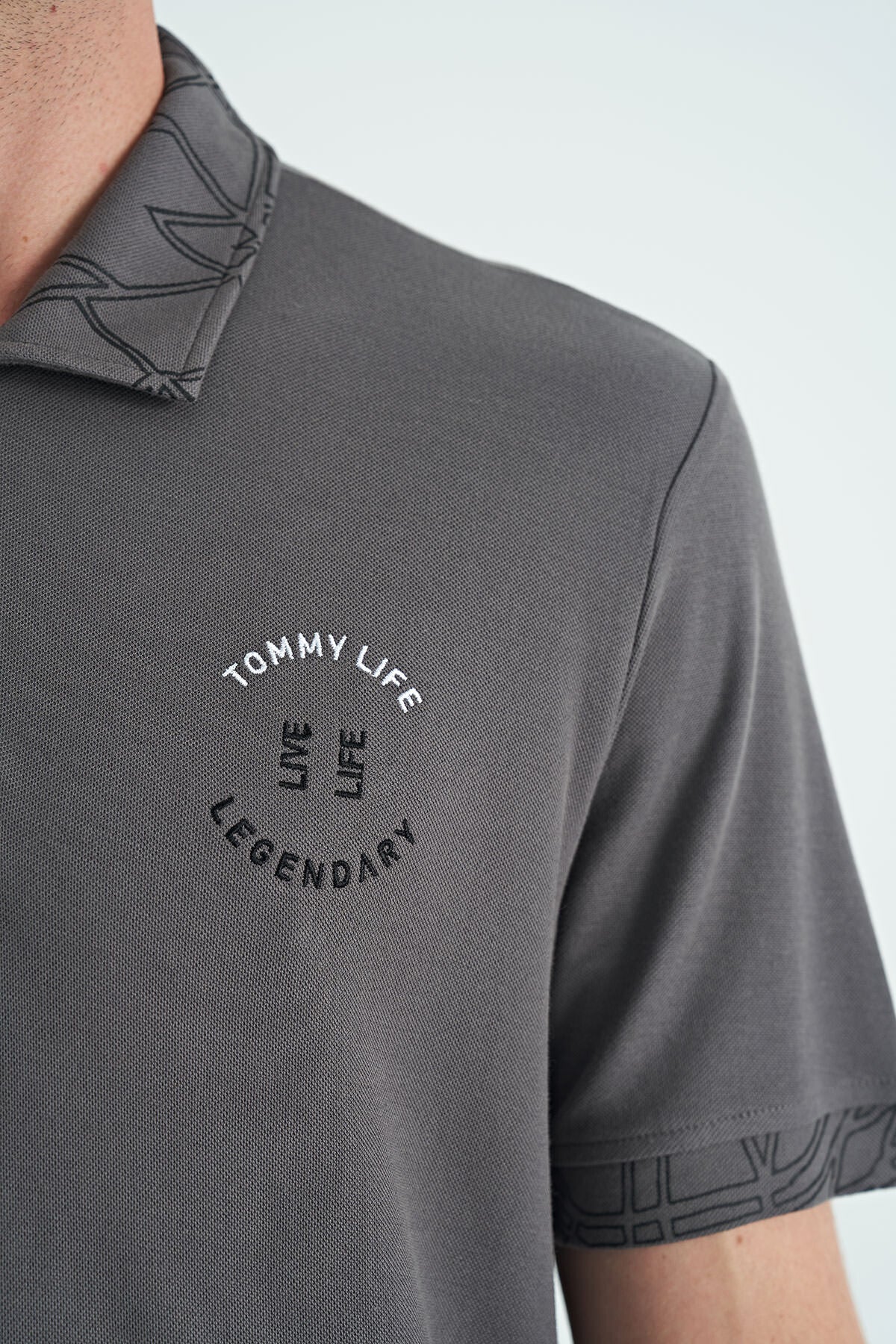 Dark Gray Embroidered Print Detailed Standard Fit Polo Collar Men's T-Shirt - 88239