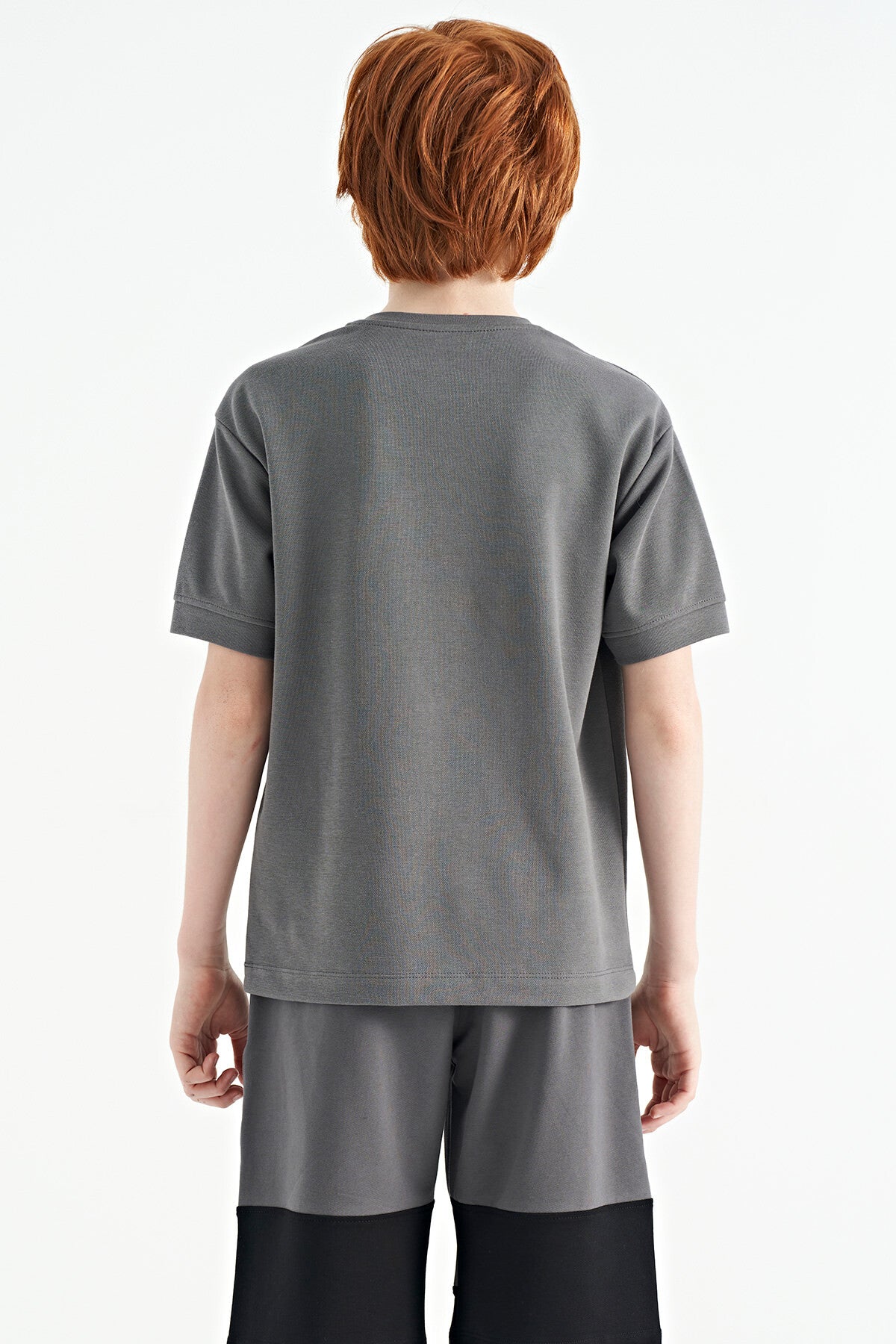 Dark Grey Embroidered O Collar Oversize Boys' T-Shirt - 11151