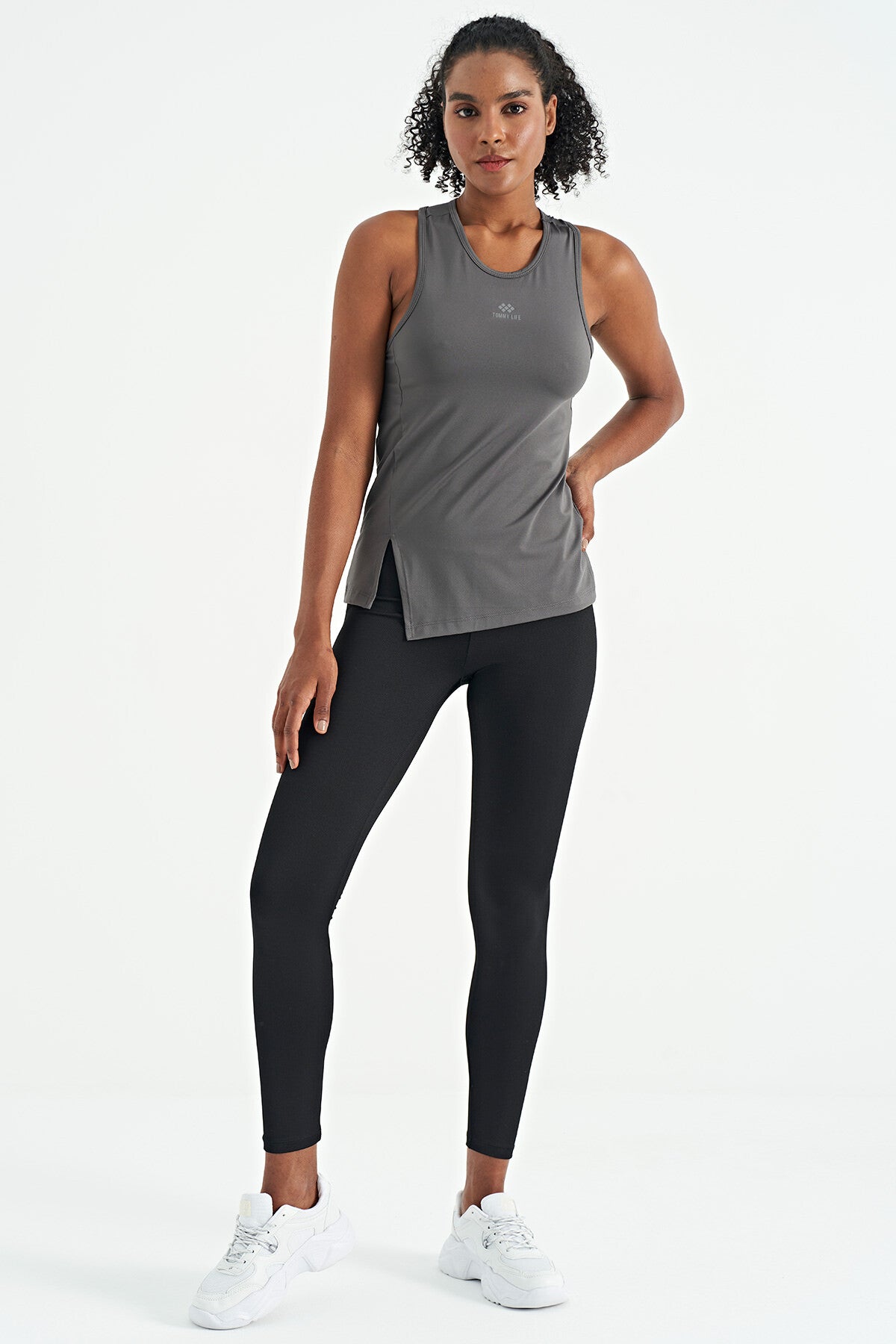 Dark Gray Slit Detailed O Collar Sleeveless Standard Fit Women's Sports Singlet - 97256