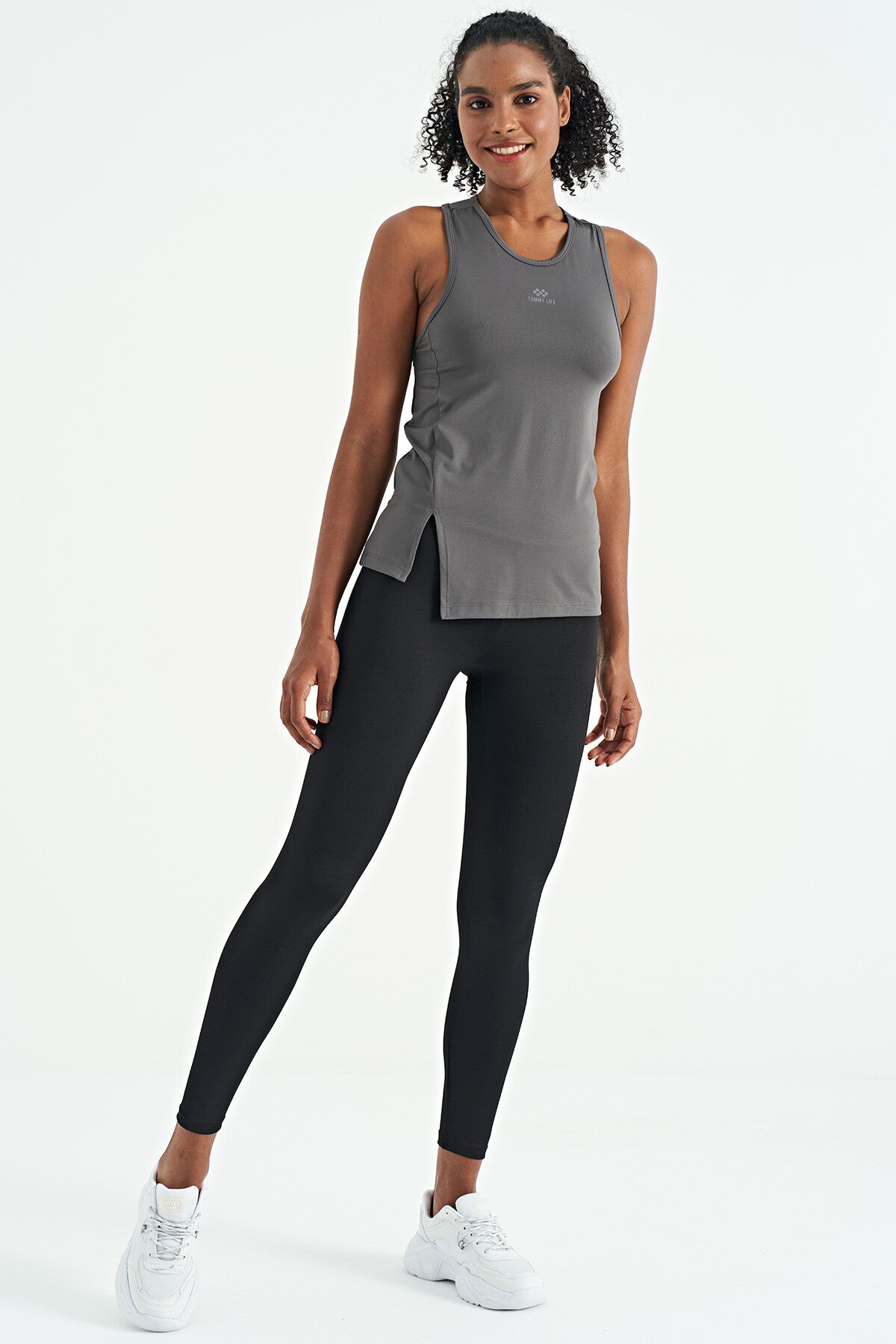 Dark Gray Slit Detailed O Collar Sleeveless Standard Fit Women's Sports Singlet - 97256