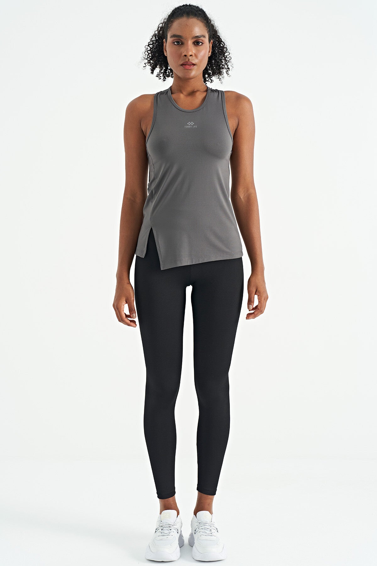 Dark Gray Slit Detailed O Collar Sleeveless Standard Fit Women's Sports Singlet - 97256