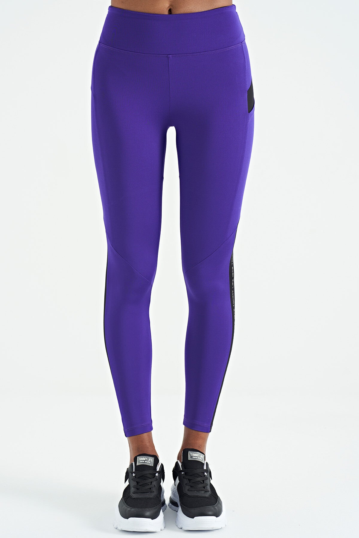 Dark Purple Front Back Strip Detailed Hidden Pocket High Waist Slim Fit Women's Tights - 94630