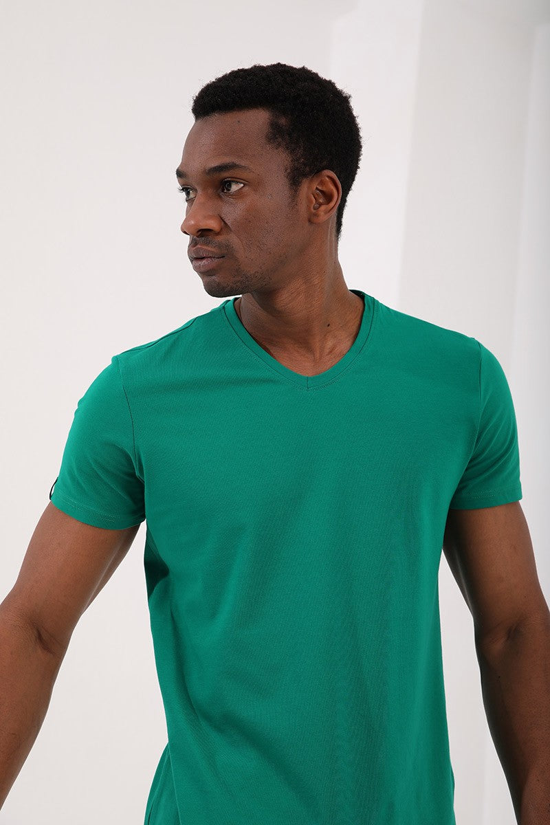 Dark Green Basic Short Sleeve Standard Fit V-Neck Men's T-Shirt - 87912