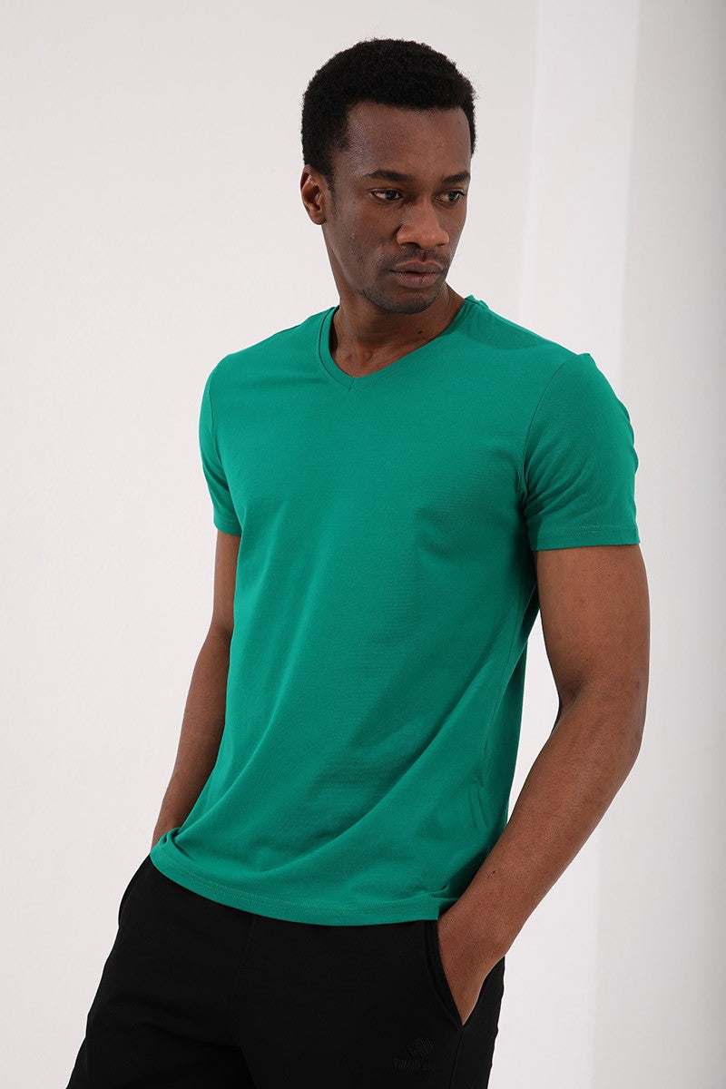 Dark Green Basic Short Sleeve Standard Fit V-Neck Men's T-Shirt - 87912