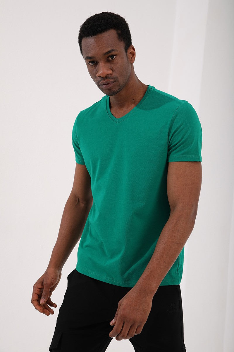 Dark Green Basic Short Sleeve Standard Fit V-Neck Men's T-Shirt - 87912