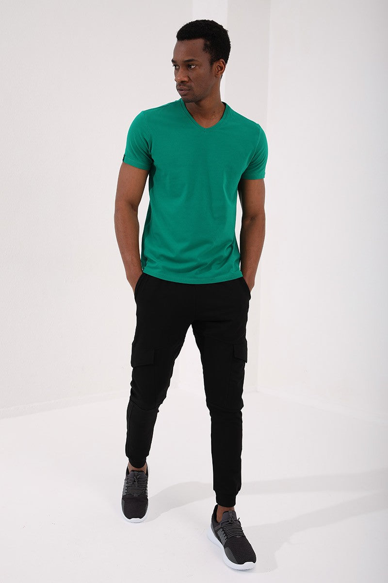 Dark Green Basic Short Sleeve Standard Fit V-Neck Men's T-Shirt - 87912