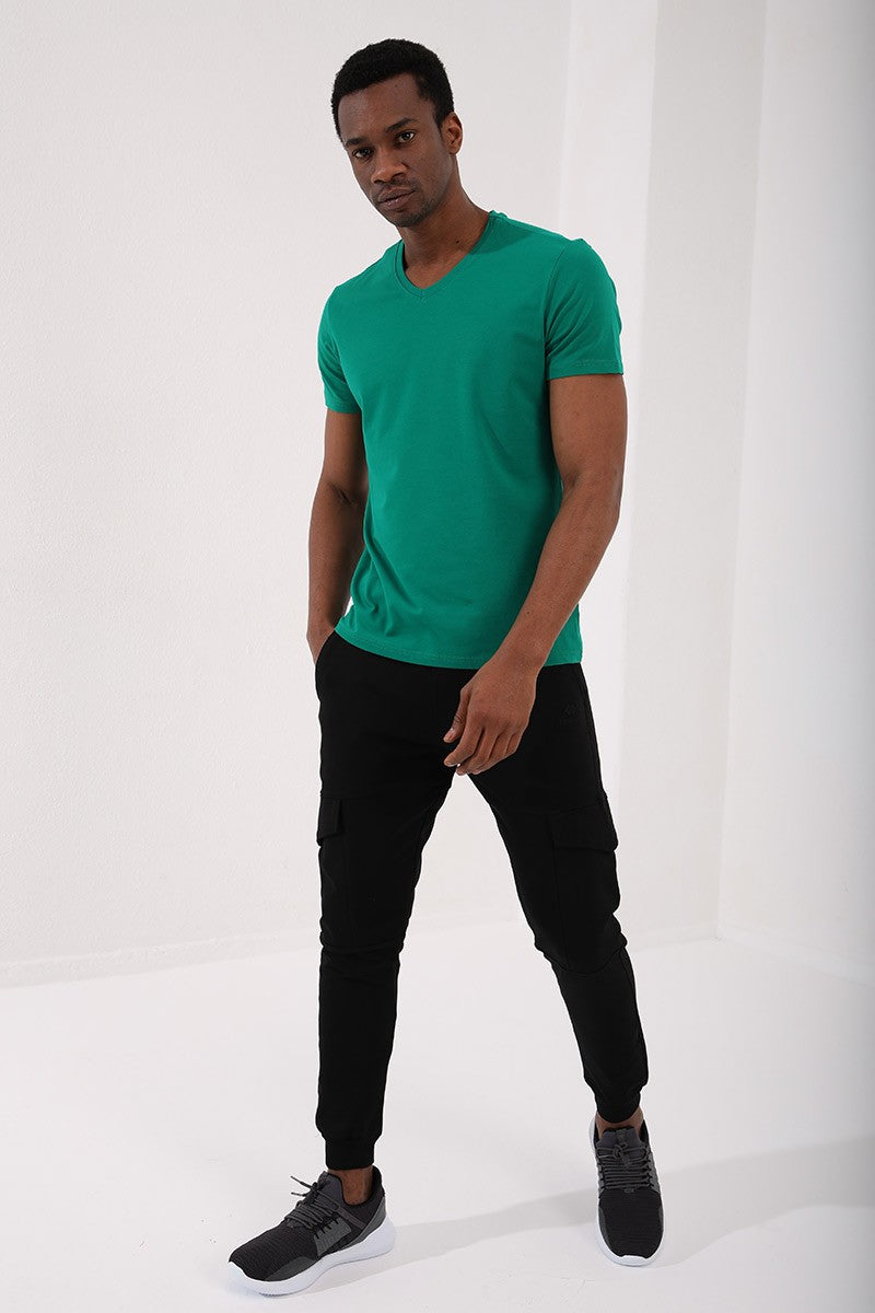Dark Green Basic Short Sleeve Standard Fit V-Neck Men's T-Shirt - 87912