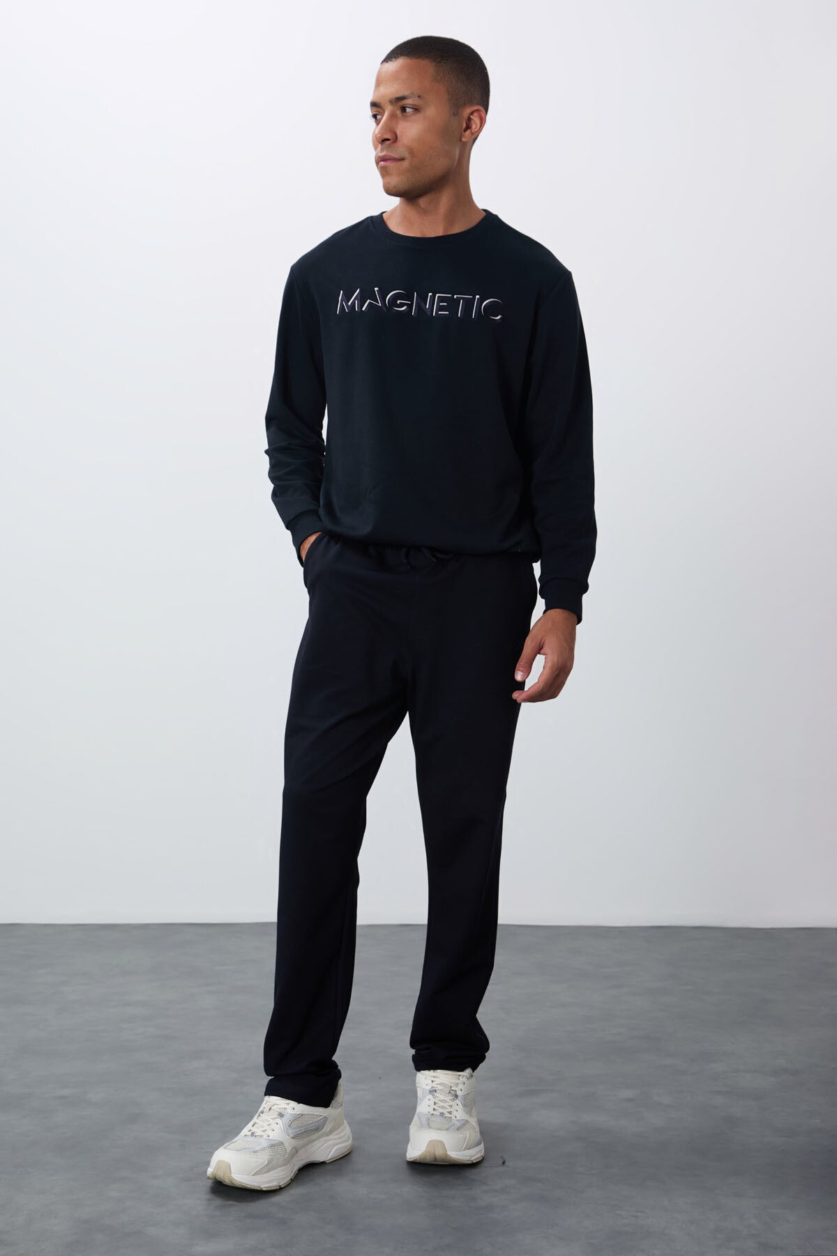 Navy Blue Laced Hem Standard Fit Classic Cuff Men's Tracksuit Bottom - 84682