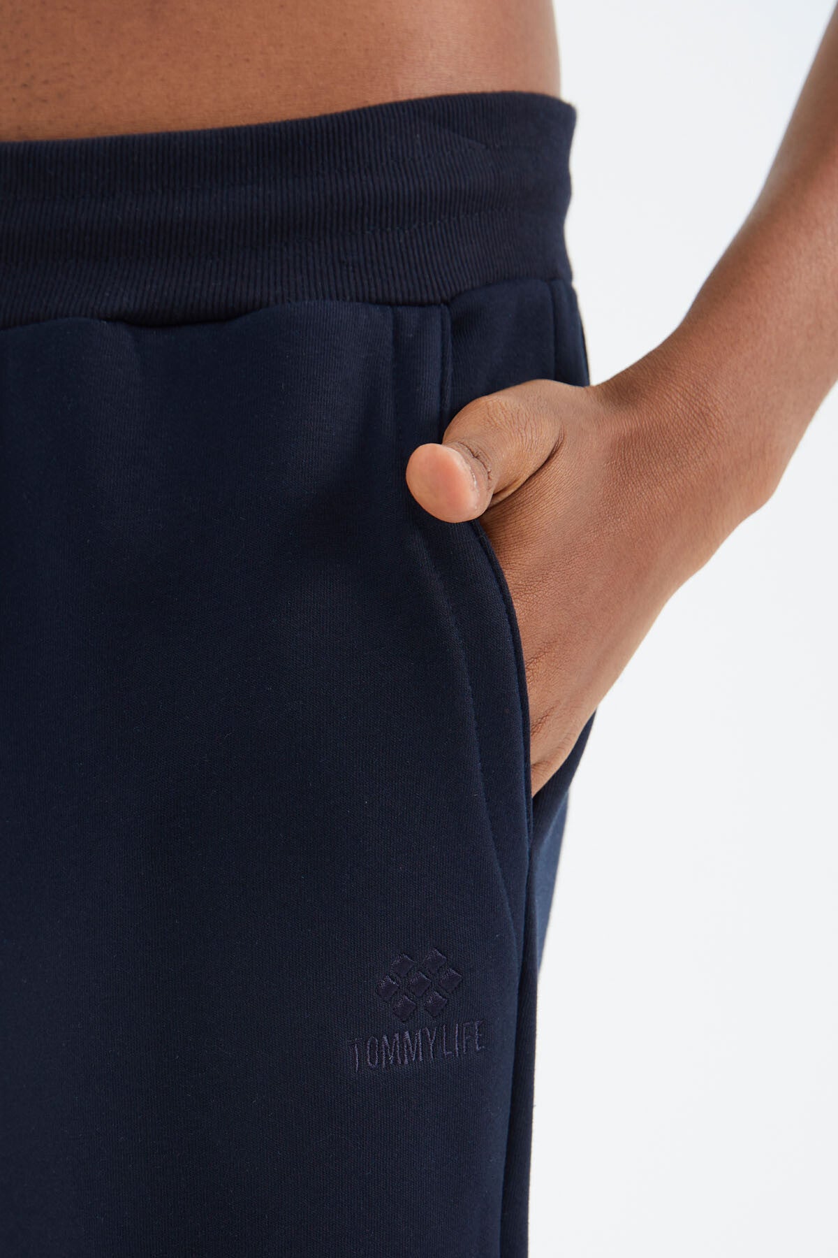 Navy Blue Laced Striped Detailed Relax Fit Men's Tracksuit Bottom - 82106