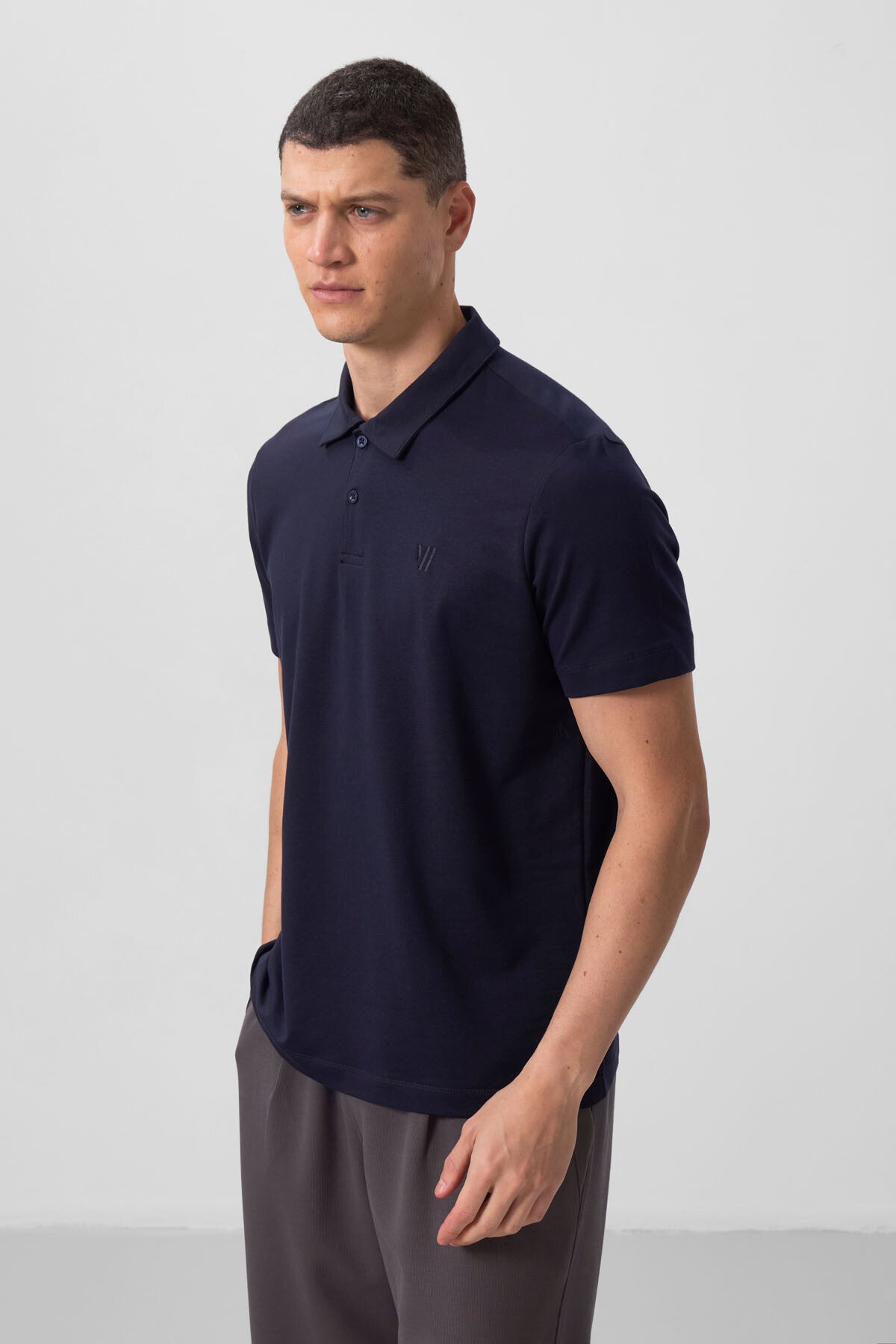 Navy Blue Basic Chest Logo Standard Fit Knitted Polo Collar Men's T-Shirt - 87768