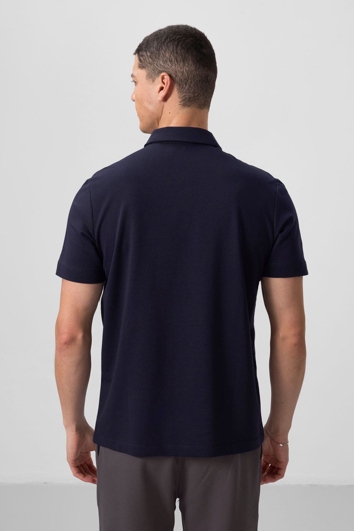 Navy Blue Basic Chest Logo Standard Fit Knitted Polo Collar Men's T-Shirt - 87768