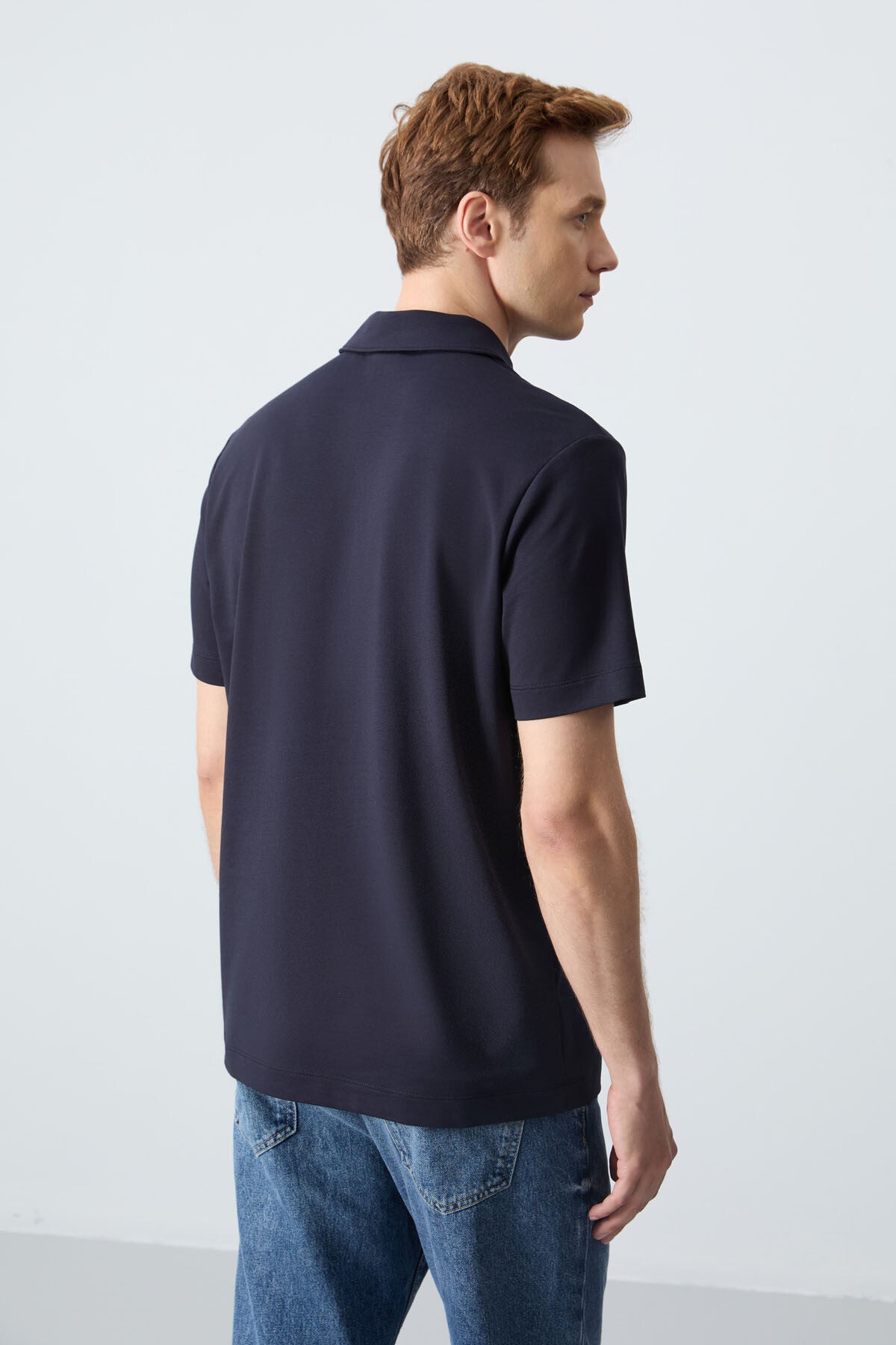 Navy Blue Basic Logo Standard Fit Knitted Polo Collar Men's T-Shirt - 87748