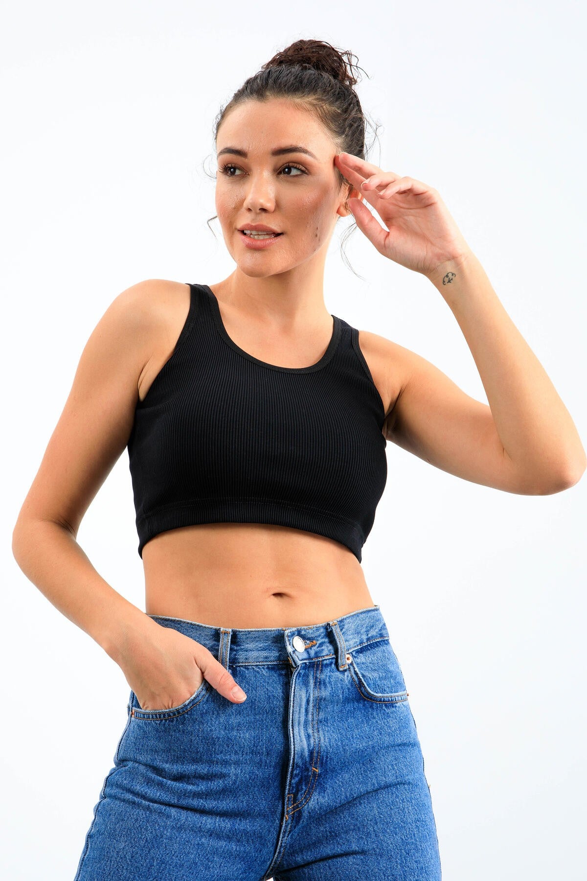 Navy Blue Basic Zero Sleeve Slim Fit U Neck Women's Crop Top Singlet - 97160