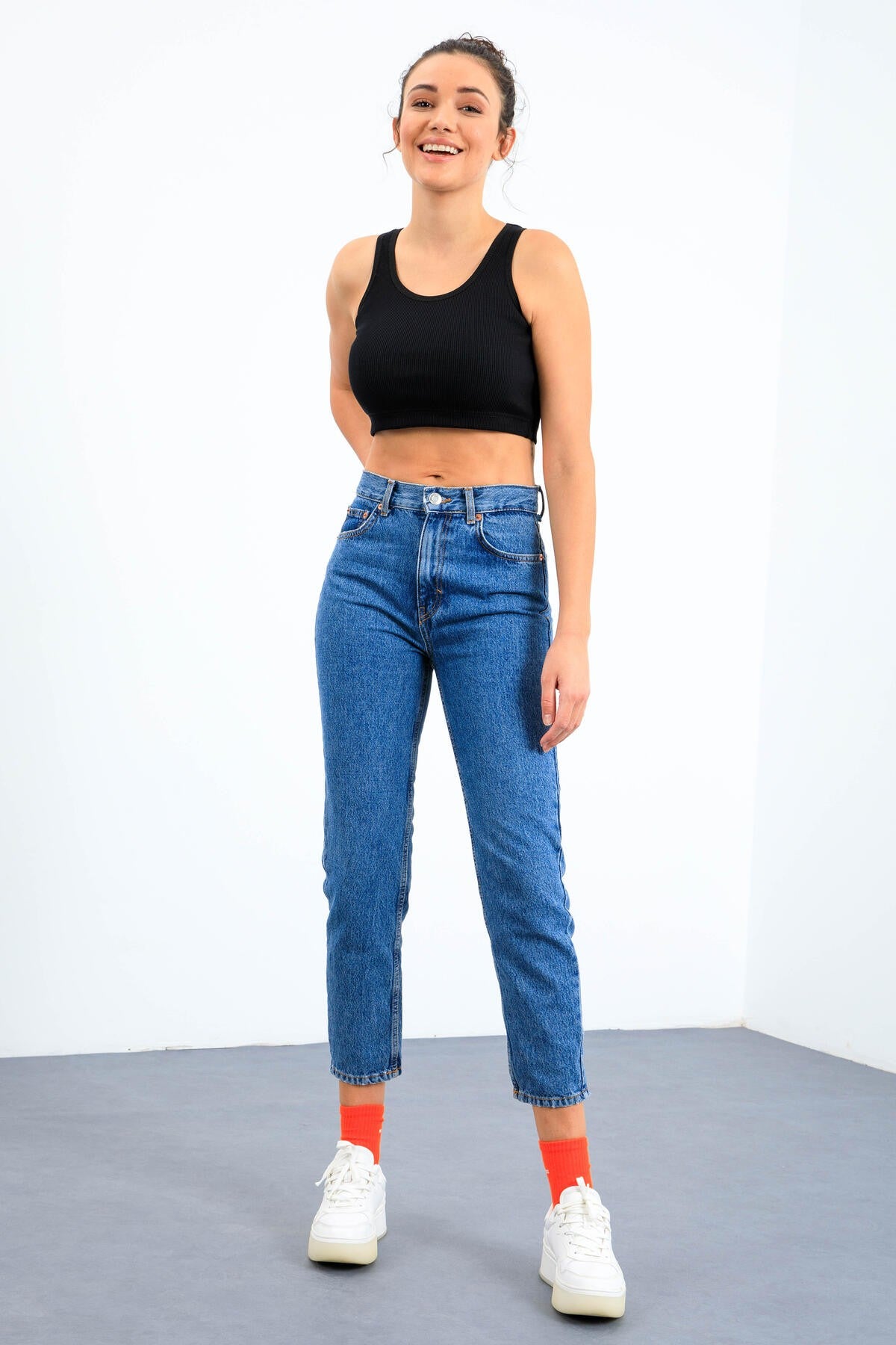 Navy Blue Basic Zero Sleeve Slim Fit U Neck Women's Crop Top Singlet - 97160