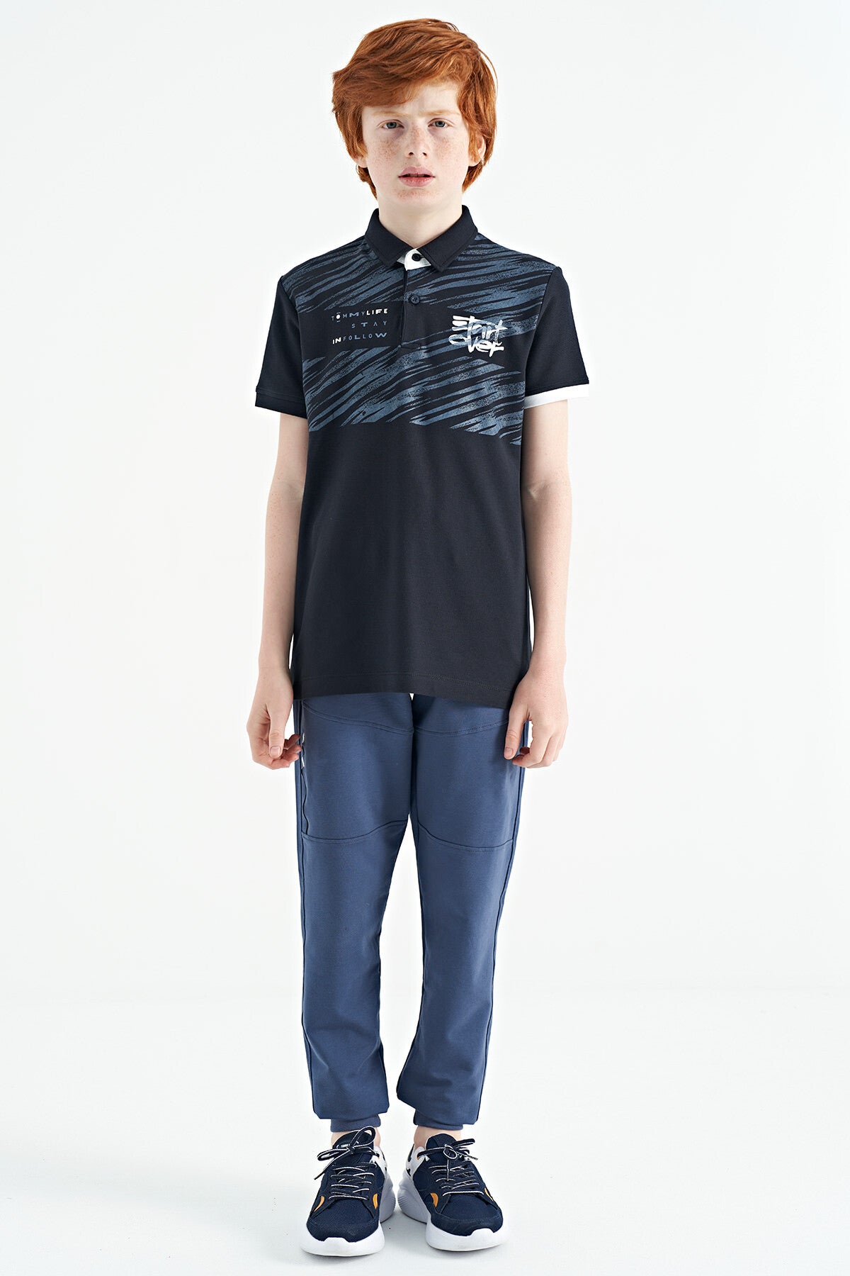 Navy Blue Print Detailed Polo Collar Standard Fit Boys T-Shirt - 11161