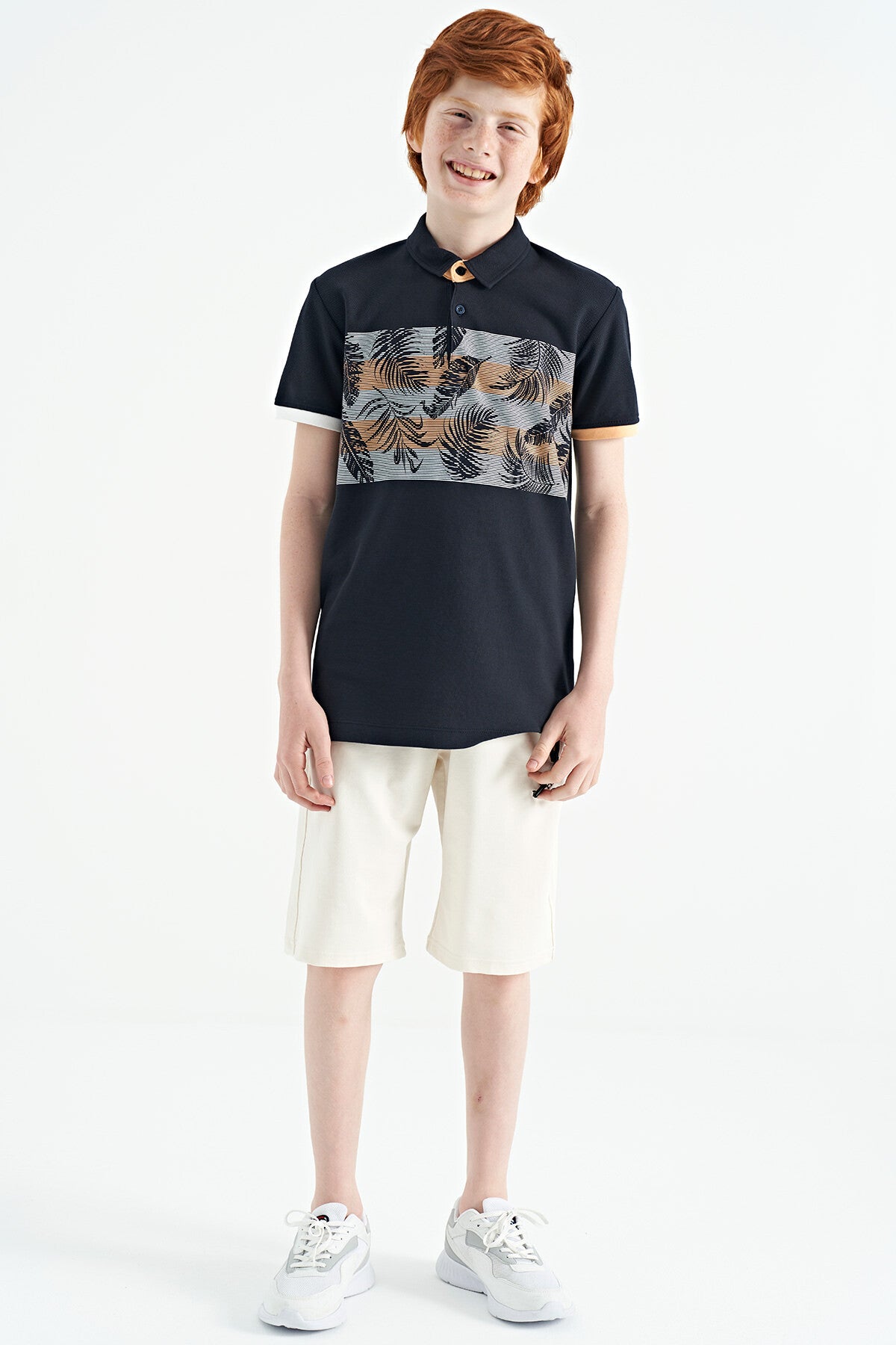 Navy Blue Printed Detailed Standard Fit Polo Collar Boys T-Shirt - 11101