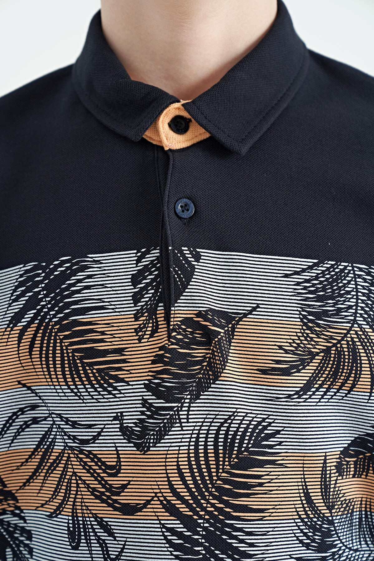 Navy Blue Printed Detailed Standard Fit Polo Collar Boys T-Shirt - 11101