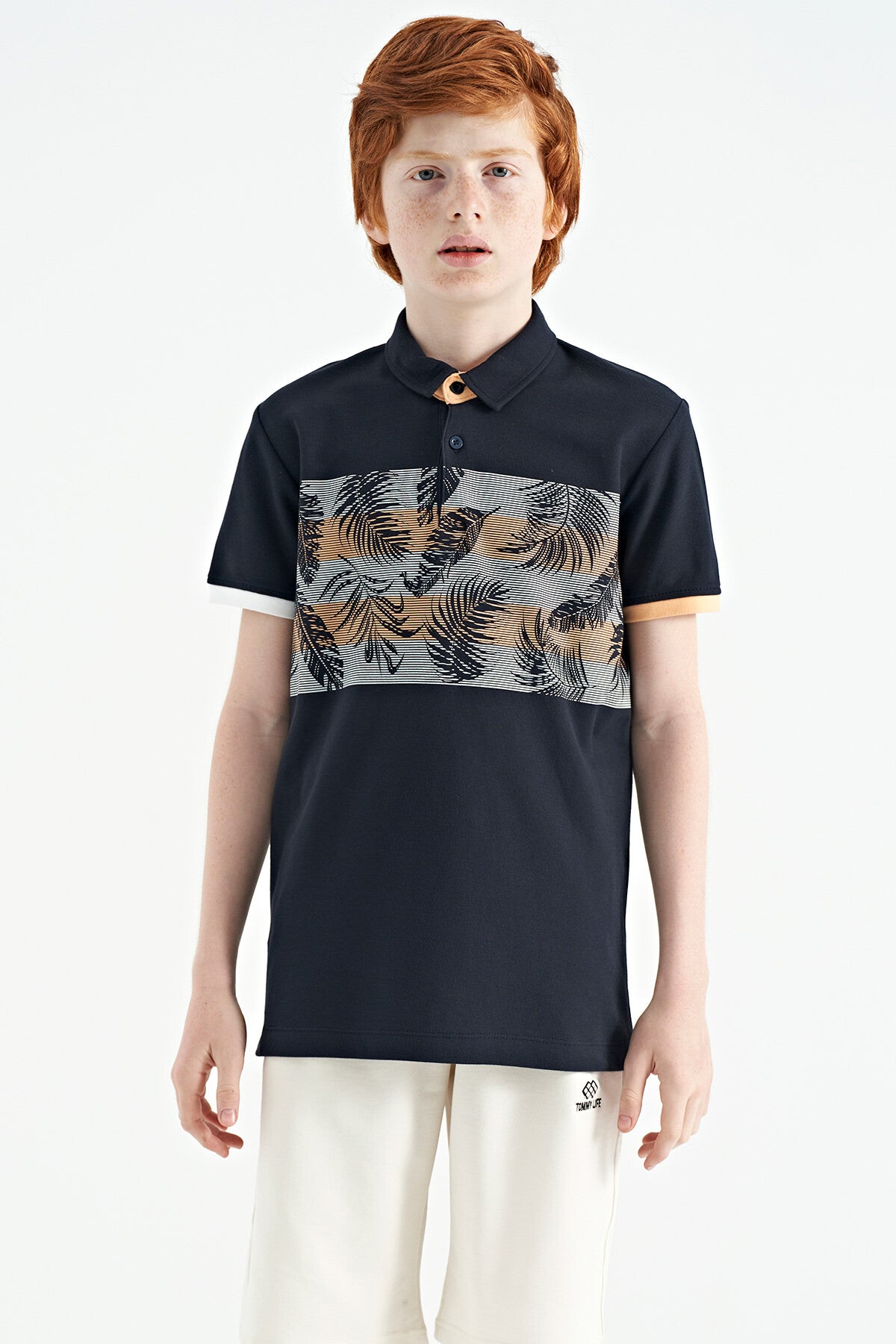 Navy Blue Printed Detailed Standard Fit Polo Collar Boys T-Shirt - 11101