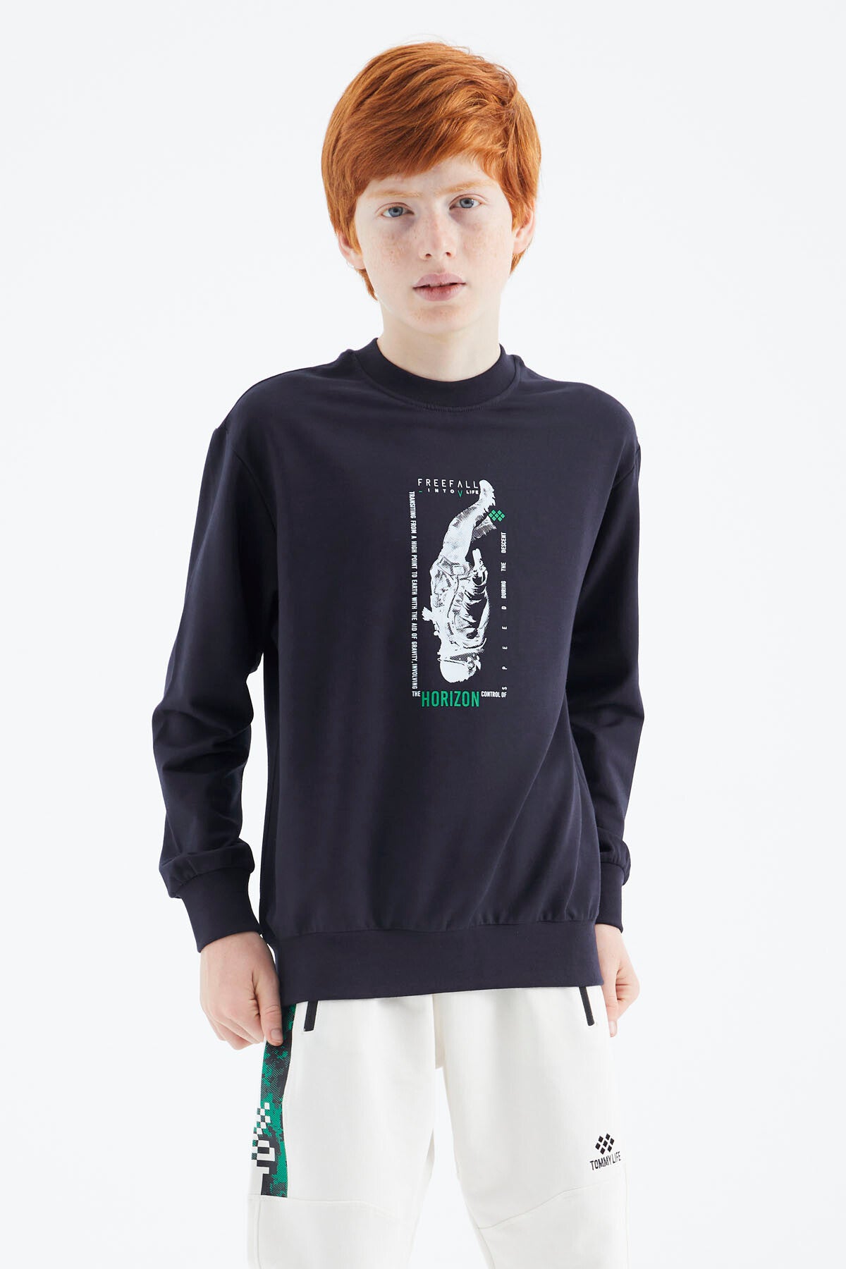 Navy Blue Printed Boys' Sweatshirt - 11174