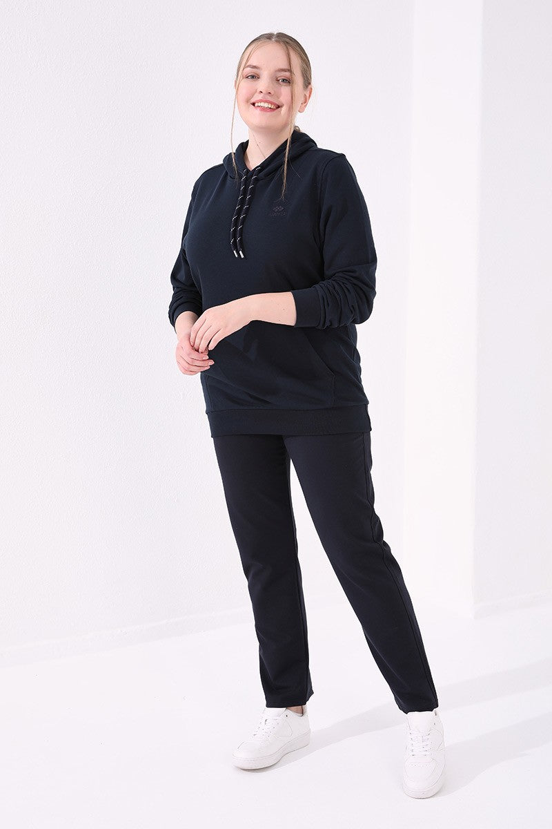 Navy Blue Cuffed Comfort Fit Classic Hem Women's Plus Size Tracksuit Bottom - 94014