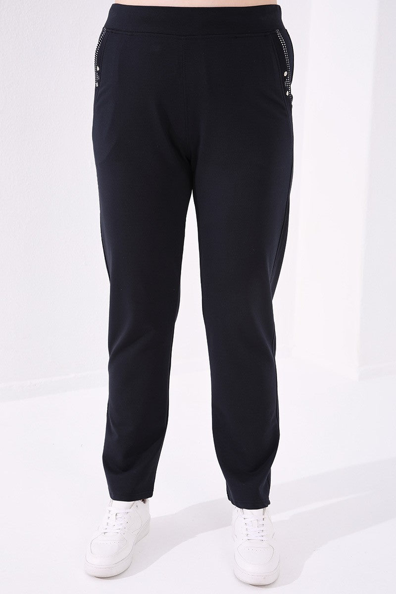 Navy Blue Cuffed Comfort Fit Classic Hem Women's Plus Size Tracksuit Bottom - 94014