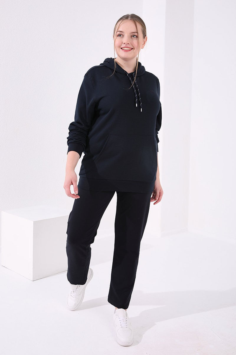 Navy Blue Cuffed Comfort Fit Classic Hem Women's Plus Size Tracksuit Bottom - 94017