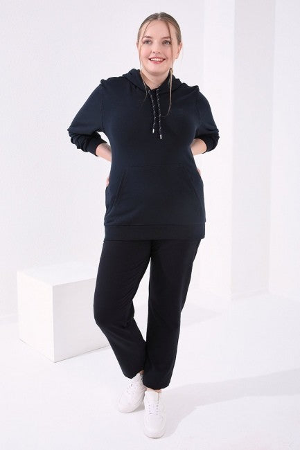 Navy Blue Cuffed Comfort Fit Classic Hem Women's Plus Size Tracksuit Bottom - 94017