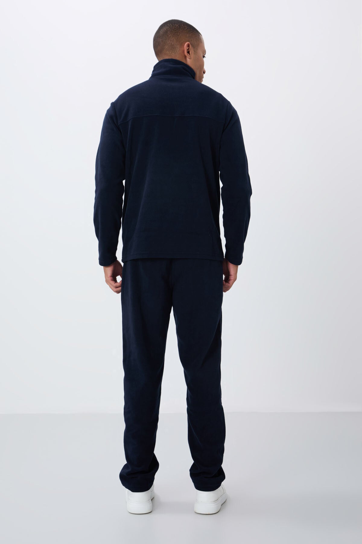 Navy Blue High Collar Basic Zippered Pocket Standard Fit Men's Fleece Tracksuit Set - 85193